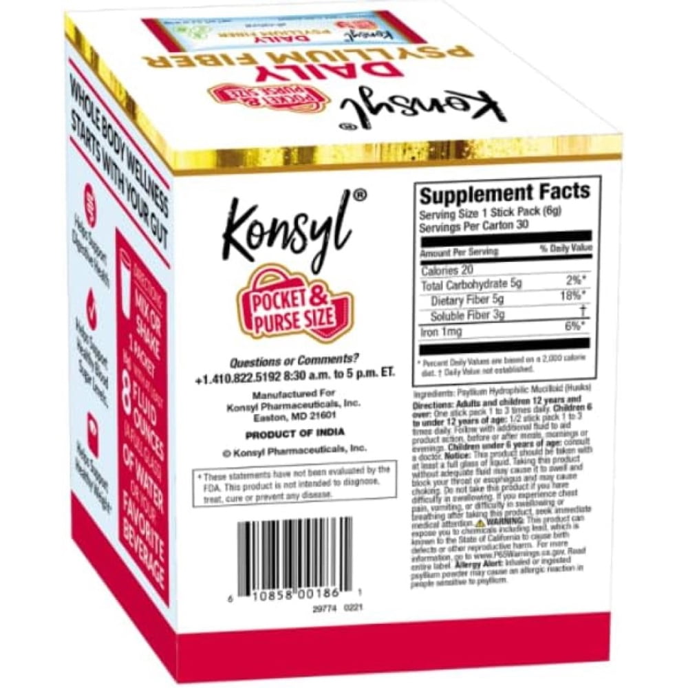 Konsyl Daily Psyllium Fiber Stick Packs On The Go Supplement Powder 30 Packets
