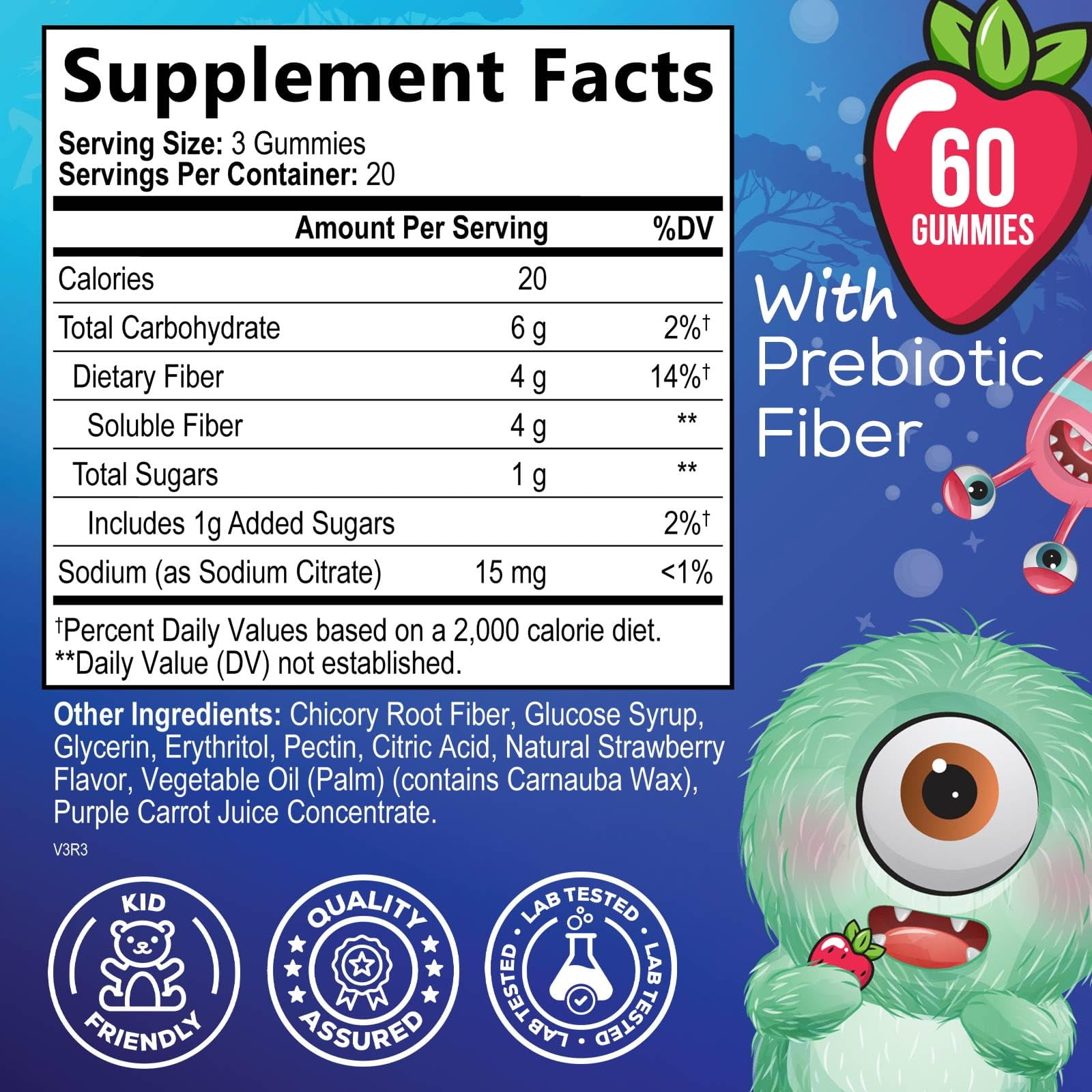 Kids' Fiber Gummies Supplement - Daily Prebiotic Fiber for Regularity & Digestive Health - Plant-Based Vitamins - Vegan - Berry Flavor - 60 Gummies
