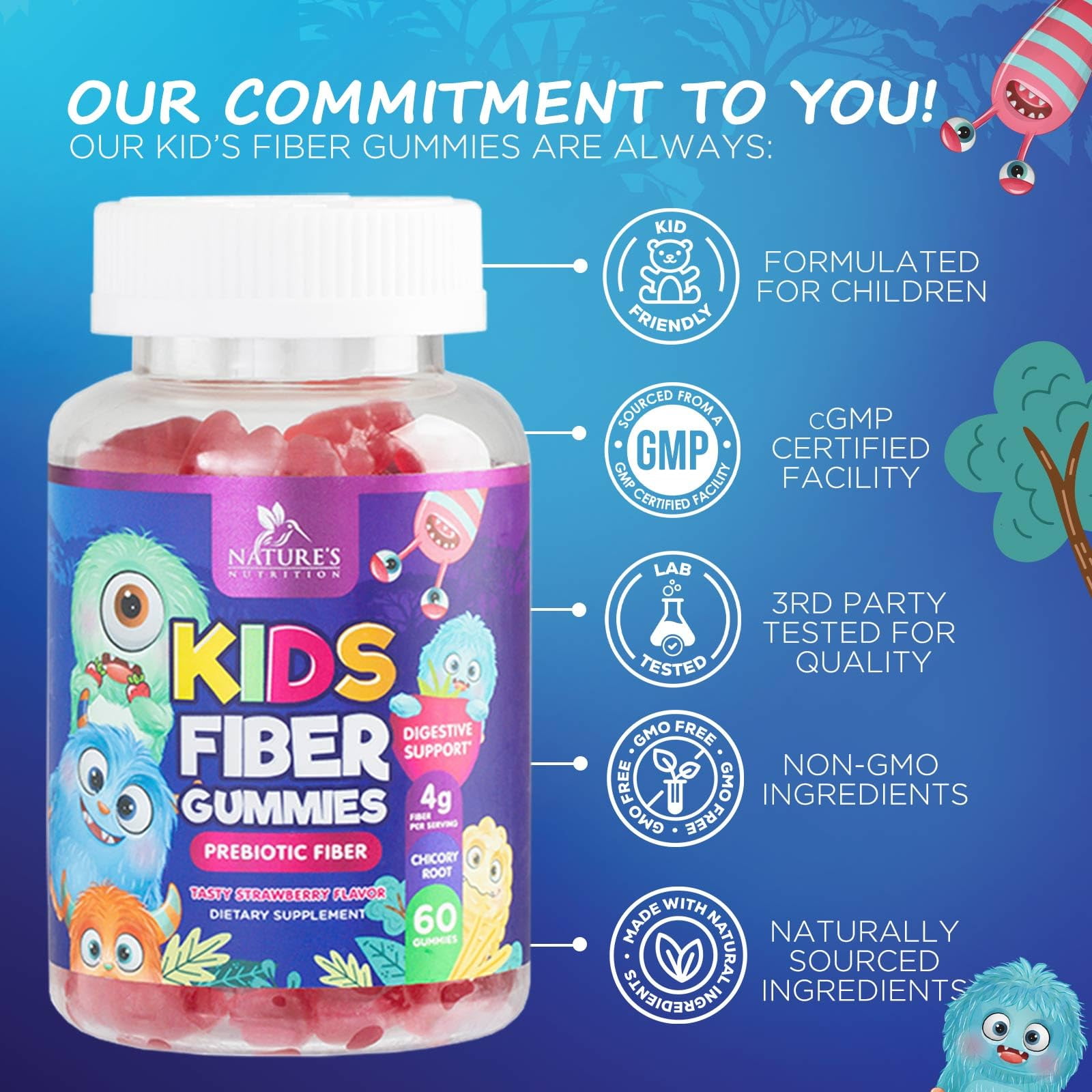 Kids' Fiber Gummies Supplement - Daily Prebiotic Fiber for Regularity & Digestive Health - Plant-Based Vitamins - Vegan - Berry Flavor - 60 Gummies