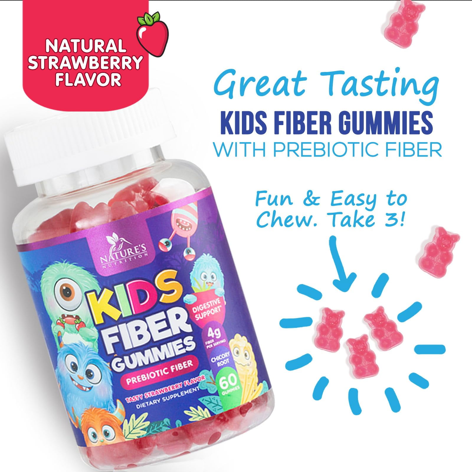 Kids' Fiber Gummies Supplement - Daily Prebiotic Fiber for Regularity & Digestive Health - Plant-Based Vitamins - Vegan - Berry Flavor - 60 Gummies