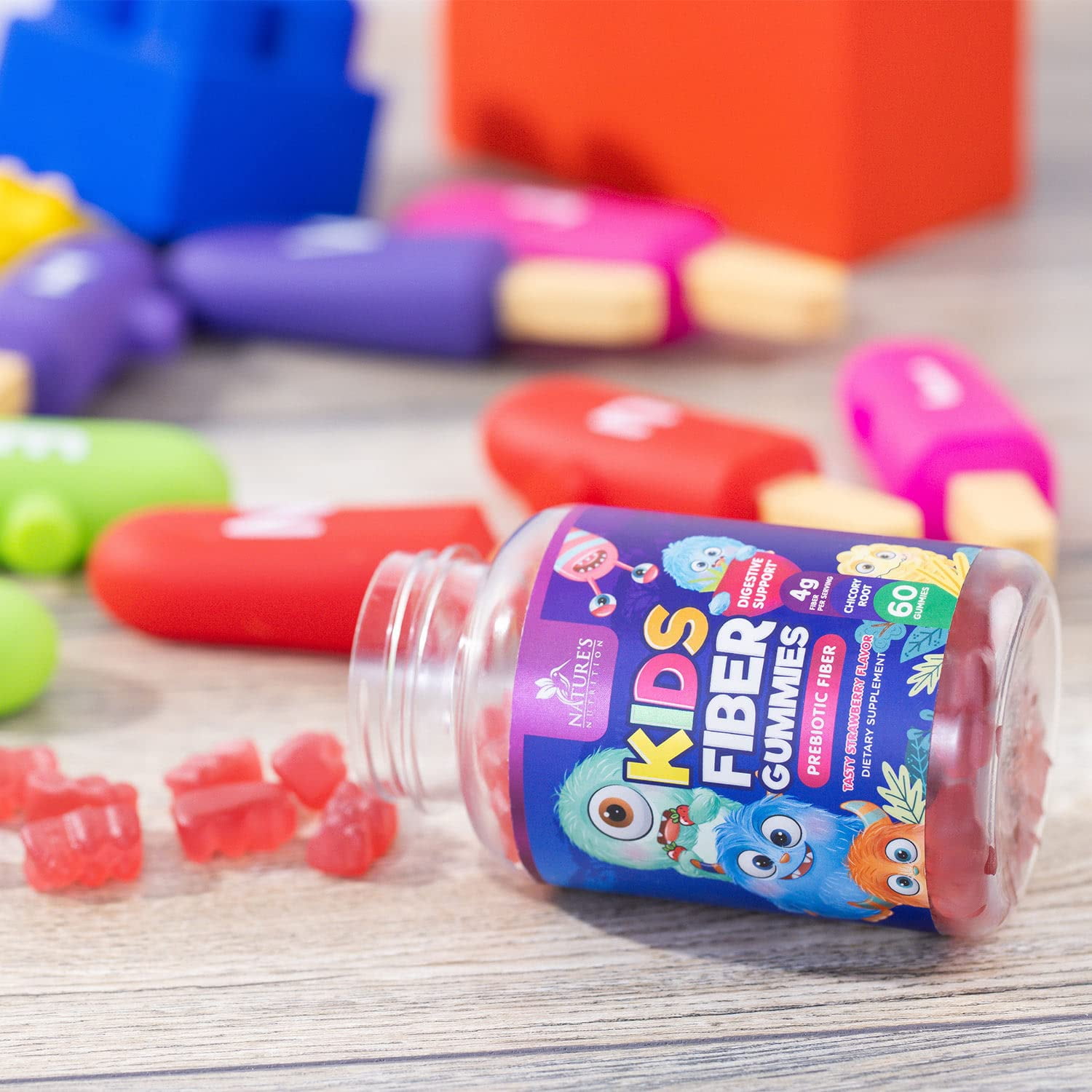 Kids' Fiber Gummies Supplement - Daily Prebiotic Fiber for Regularity & Digestive Health - Plant-Based Vitamins - Vegan - Berry Flavor - 60 Gummies
