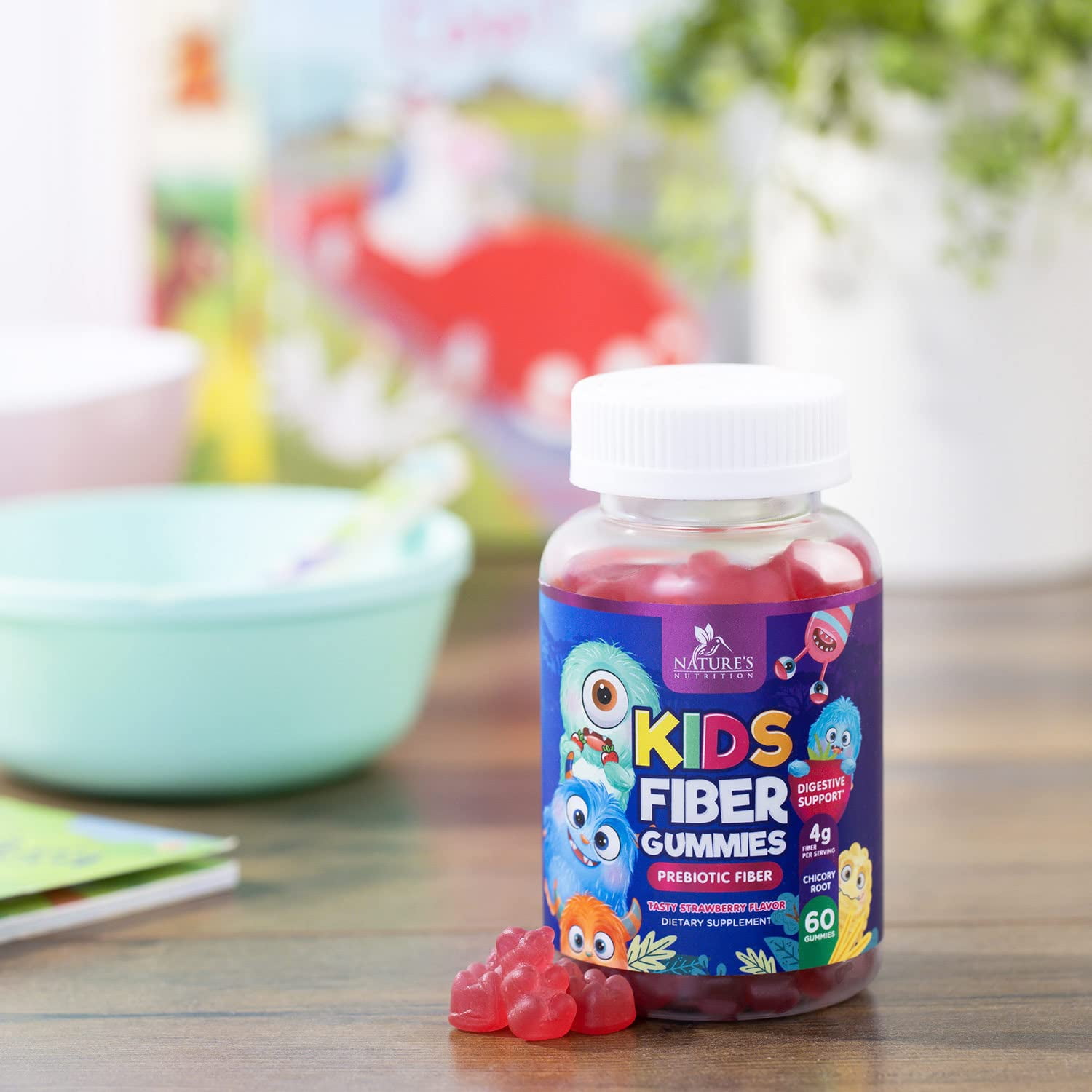 Kids' Fiber Gummies Supplement - Daily Prebiotic Fiber for Regularity & Digestive Health - Plant-Based Vitamins - Vegan - Berry Flavor - 60 Gummies