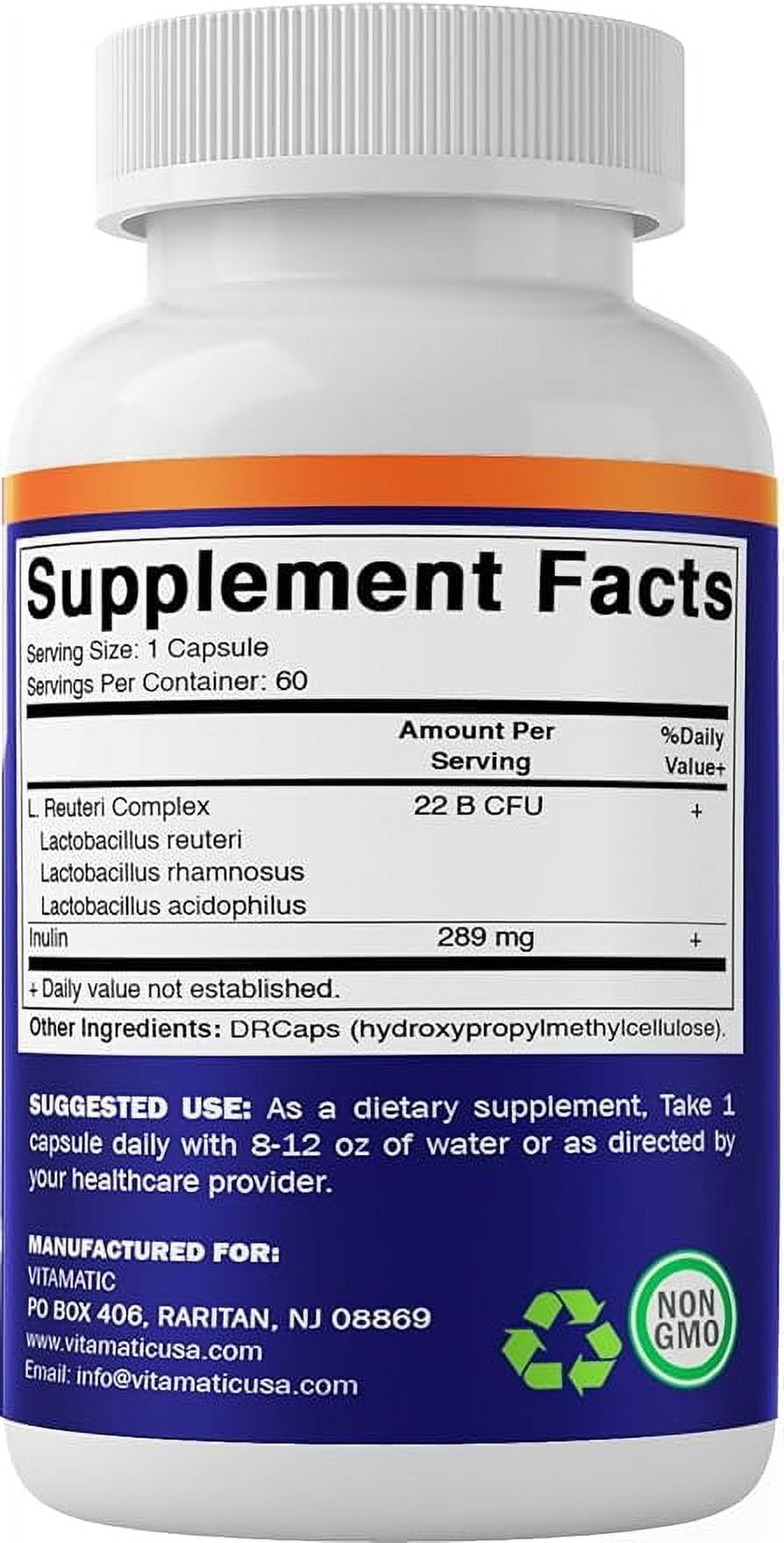 Vitamatic Lactobacillus Reuteri Complex 22 Billion DR Capsules 60 Count Digestive Support with Prebiotic Inulin Fiber