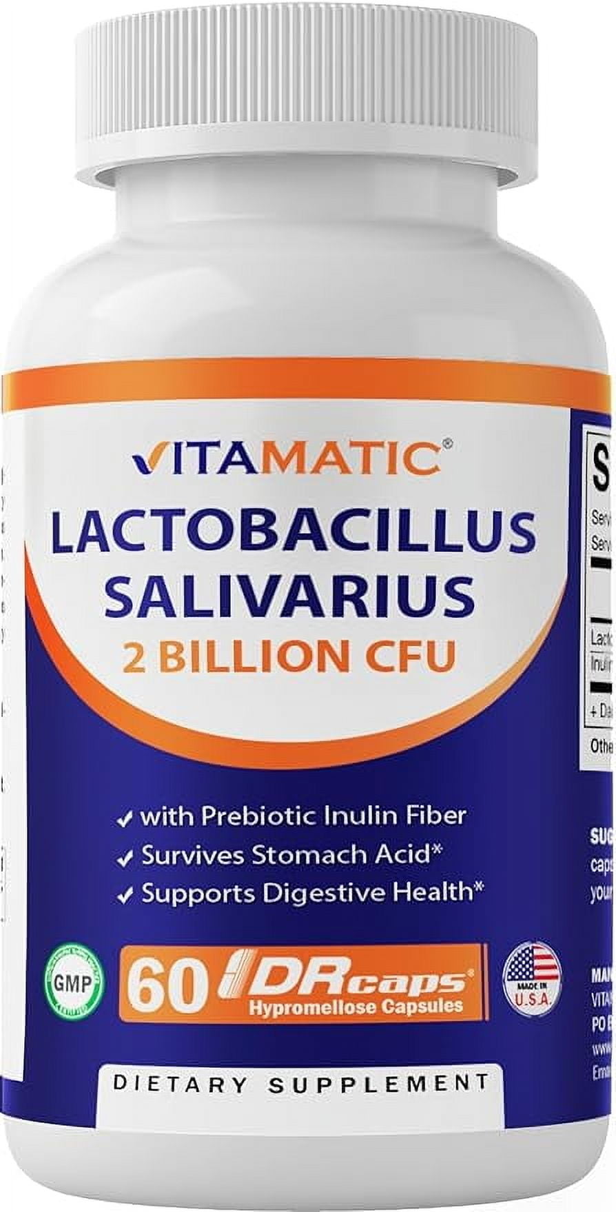 Vitamatic Lactobacillus Salivarius 2 Billion DR Capsules 60 Count Digestive Support Prebiotic Inulin Fiber