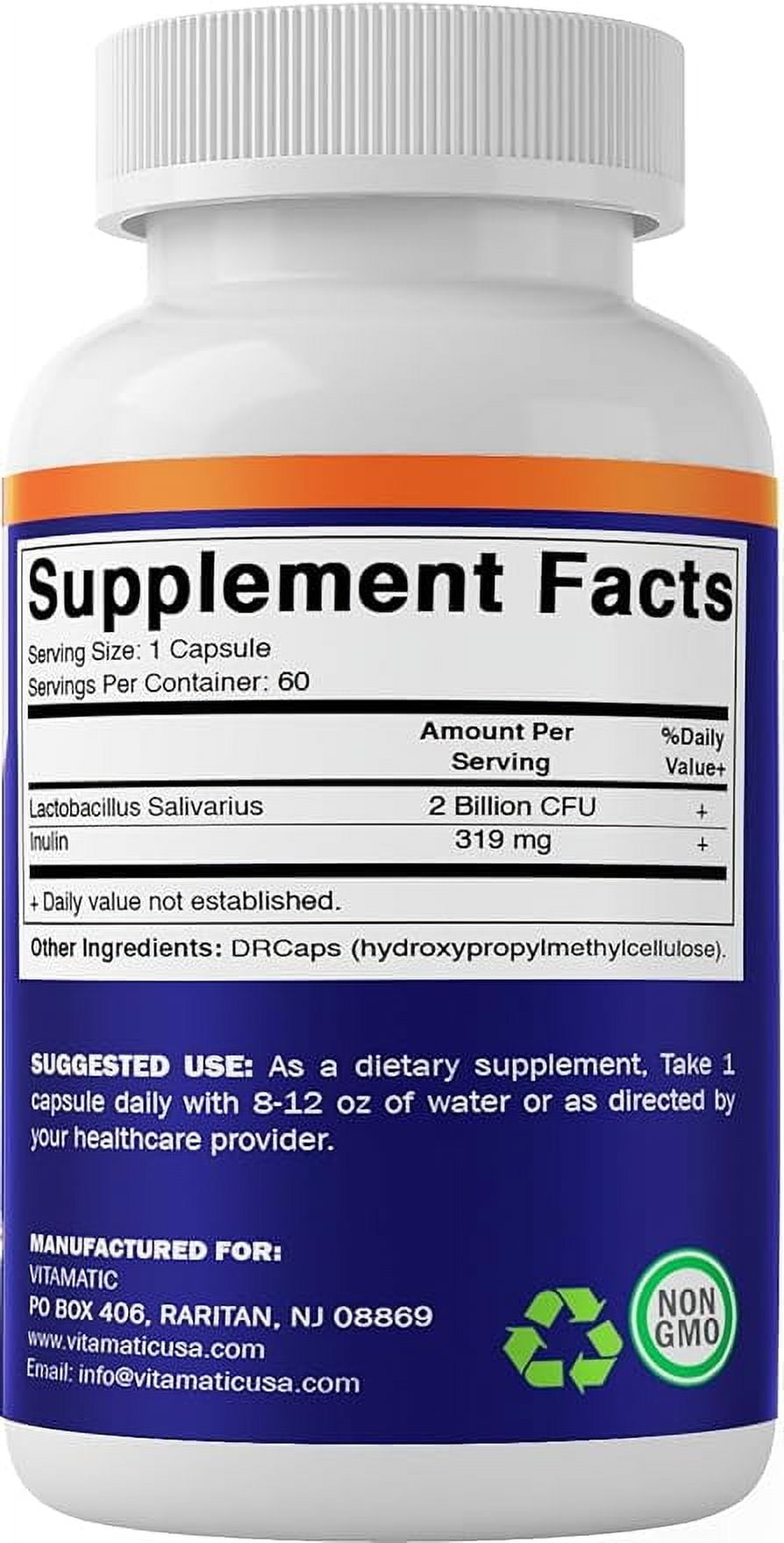 Vitamatic Lactobacillus Salivarius 2 Billion DR Capsules 60 Count Digestive Support Prebiotic Inulin Fiber