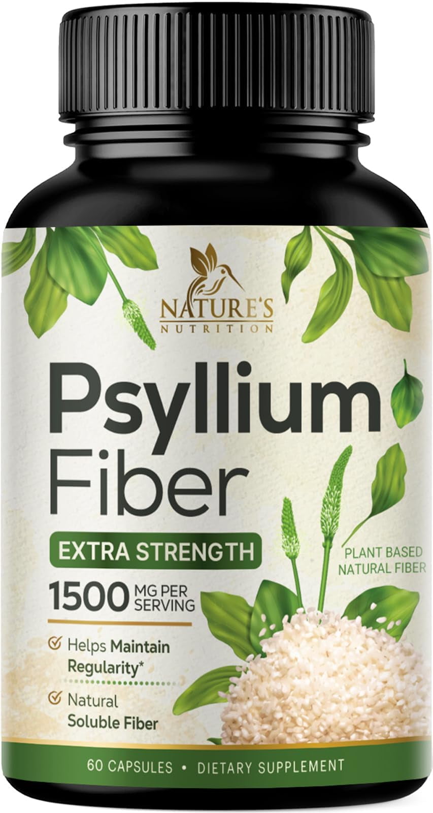 Nature's Nutrition Psyllium Husk Capsules 1500mg Natural Fiber Digestion Colon Health & Regularity Non-GMO Gluten Free 60 Veg Capsules