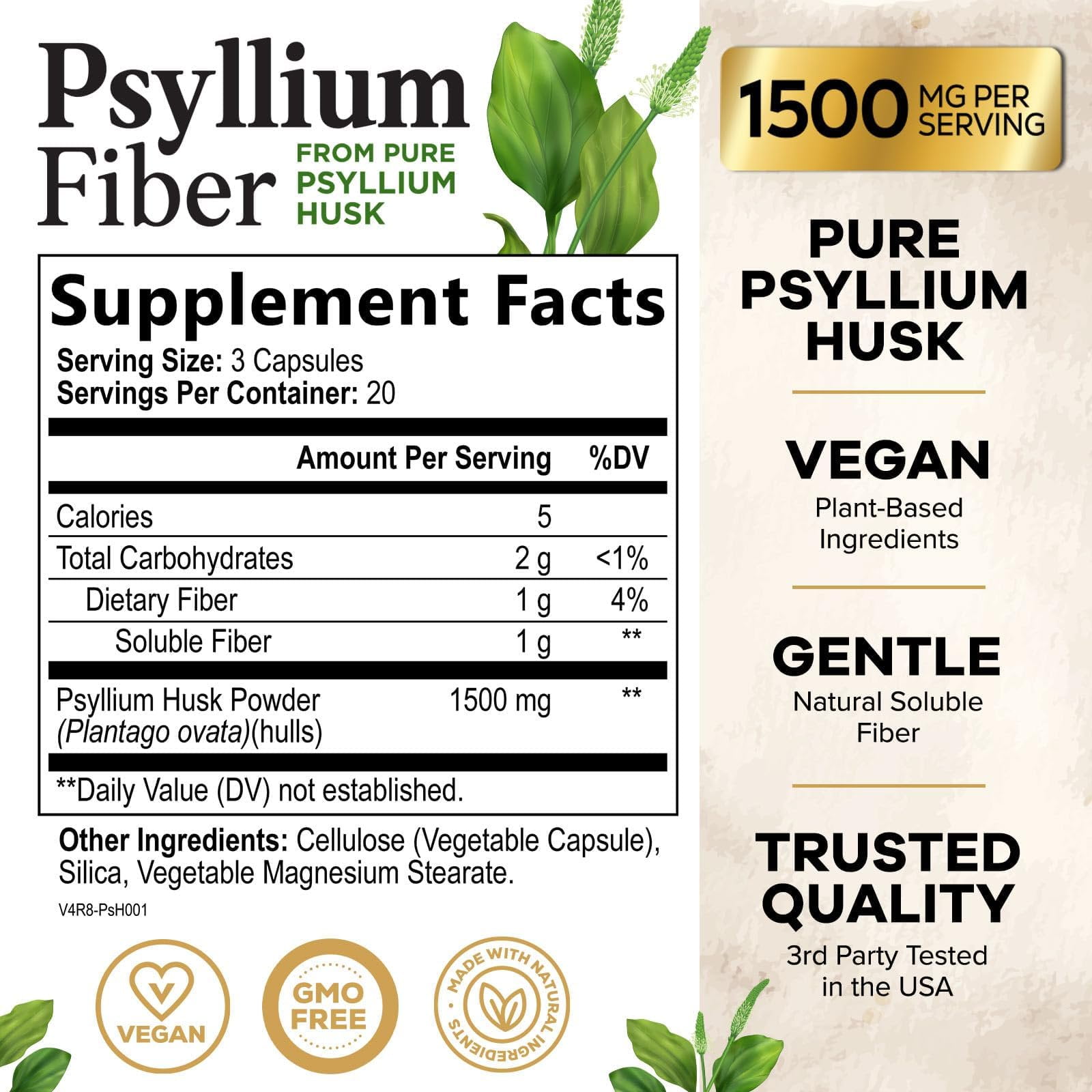 Nature's Nutrition Psyllium Husk Capsules 1500mg Natural Fiber Digestion Colon Health & Regularity Non-GMO Gluten Free 60 Veg Capsules