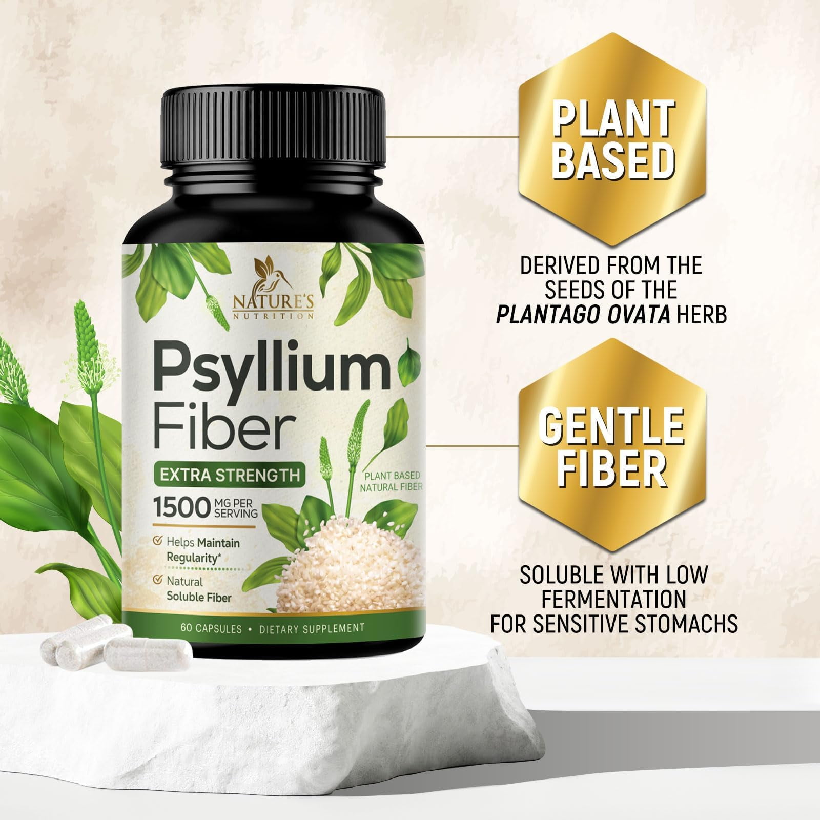Nature's Nutrition Psyllium Husk Capsules 1500mg Natural Fiber Digestion Colon Health & Regularity Non-GMO Gluten Free 60 Veg Capsules