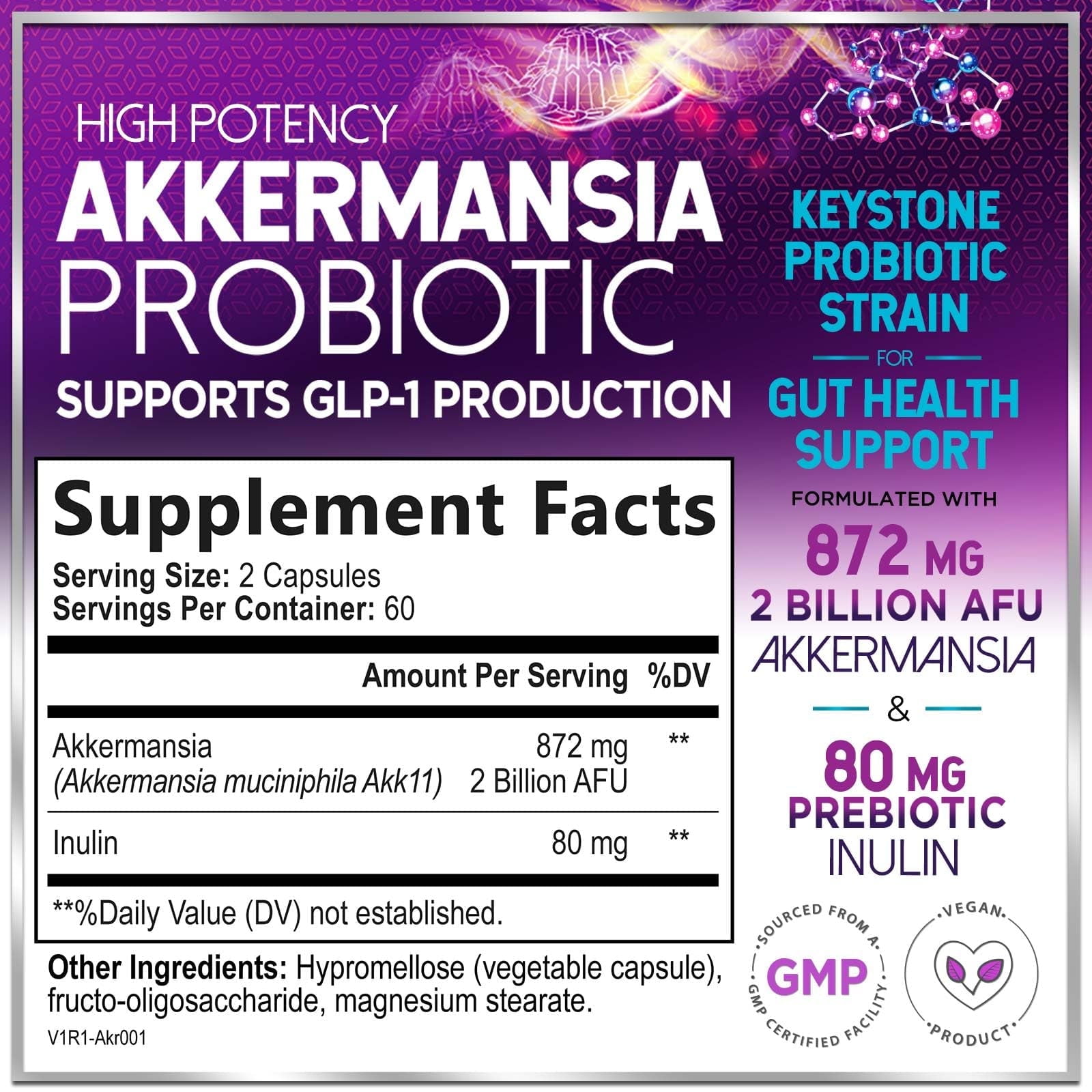 Akkermansia Probiotic Inulin Fiber Supplement 2 Billion AFU for GLP-1, Digestive Health, Immune Support 120 Capsules