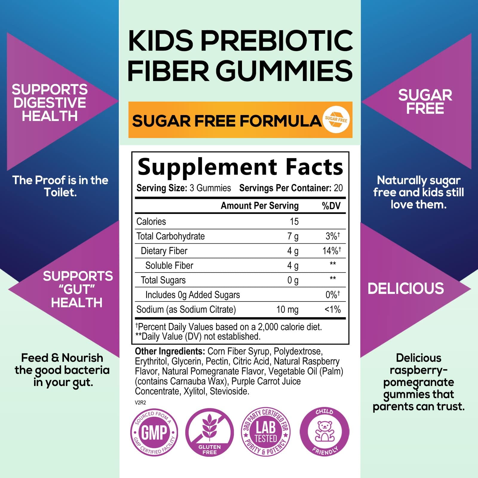Children's Fiber Gummy Bears with Plant-Based Prebiotic Fiber - Immune & Digestive Support - Vegan Raspberry Flavored - 60 Gummies