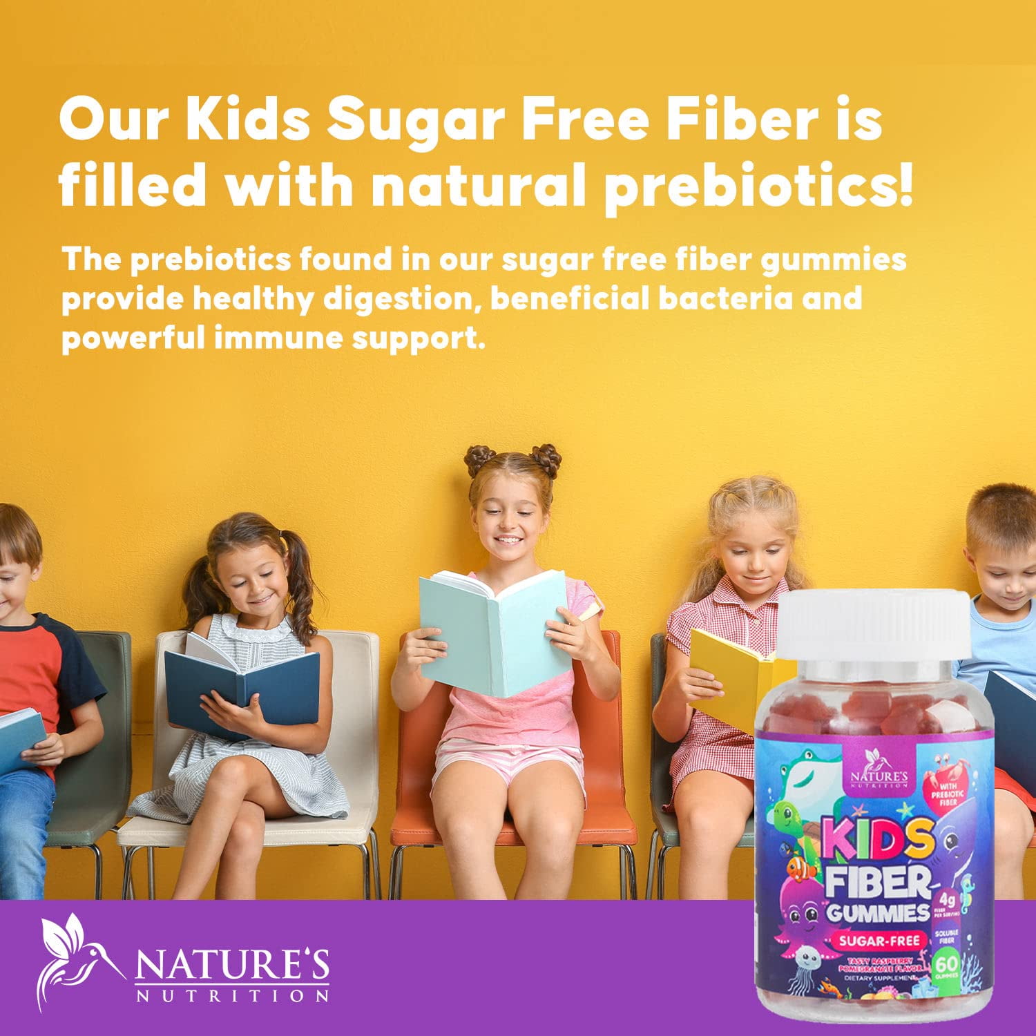 Children's Fiber Gummy Bears with Plant-Based Prebiotic Fiber - Immune & Digestive Support - Vegan Raspberry Flavored - 60 Gummies