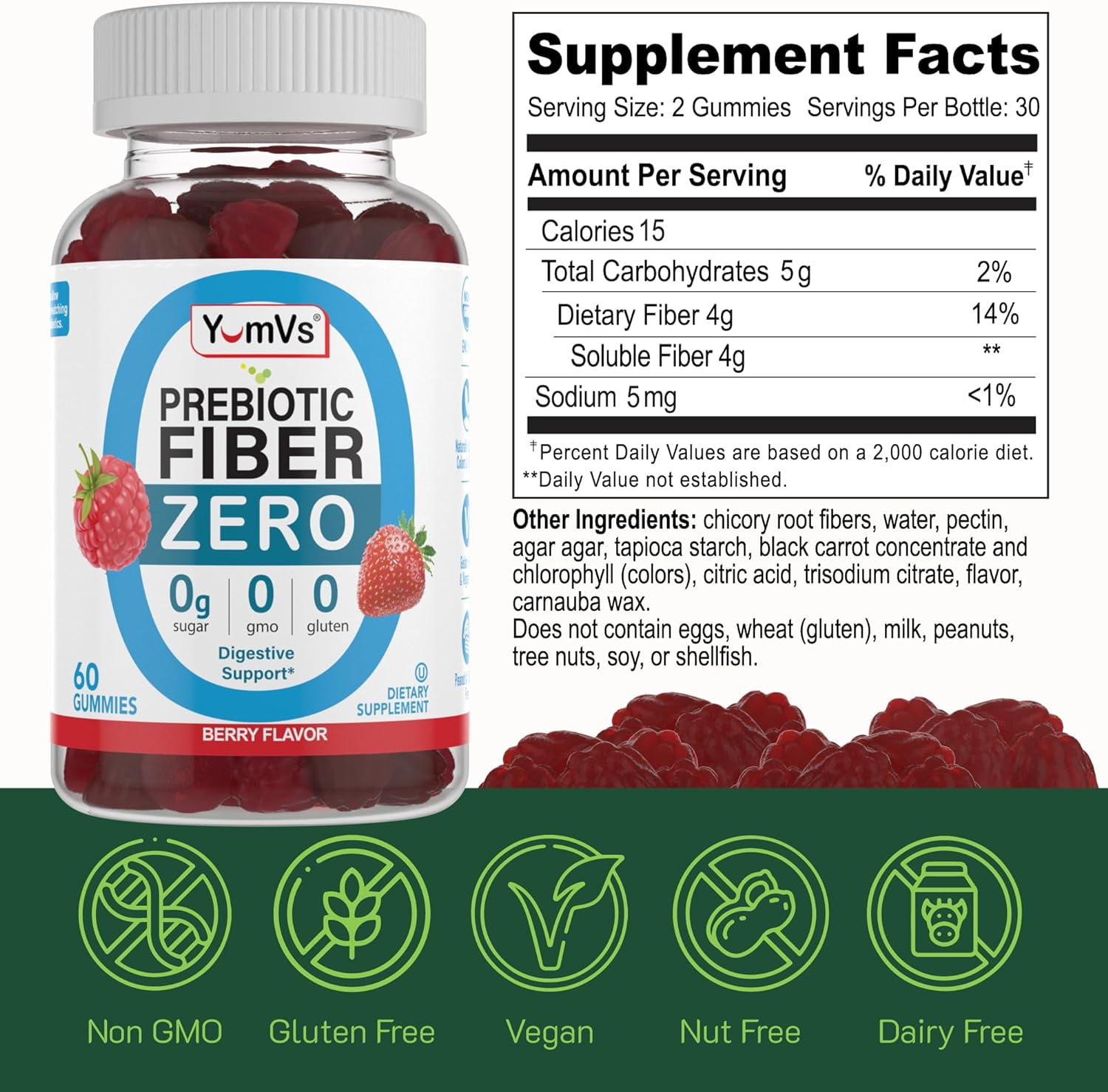 YUM-V Prebiotic Fiber Zero Gummies Berry Chewables 2-Pack 60 Pcs./Pack for Digestive Health Support