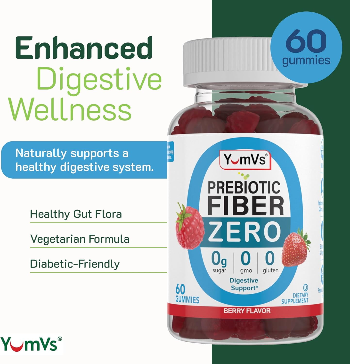 YUM-V Prebiotic Fiber Zero Gummies Berry Chewables 2-Pack 60 Pcs./Pack for Digestive Health Support