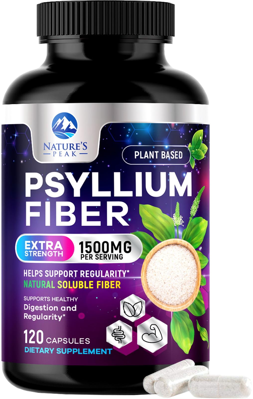 Nature's Peak Psyllium Husk Powder Capsules 1500mg Non-GMO Natural Soluble Fiber Digestive Health Regularity Support Vegan Plant Based Sugar Free 120 Capsules