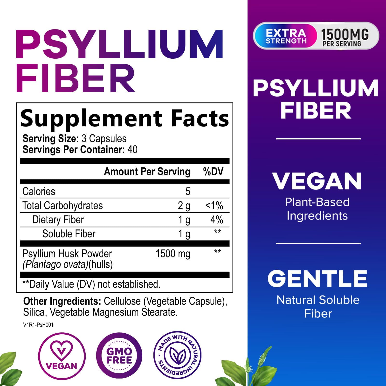 Nature's Peak Psyllium Husk Powder Capsules 1500mg Non-GMO Natural Soluble Fiber Digestive Health Regularity Support Vegan Plant Based Sugar Free 120 Capsules