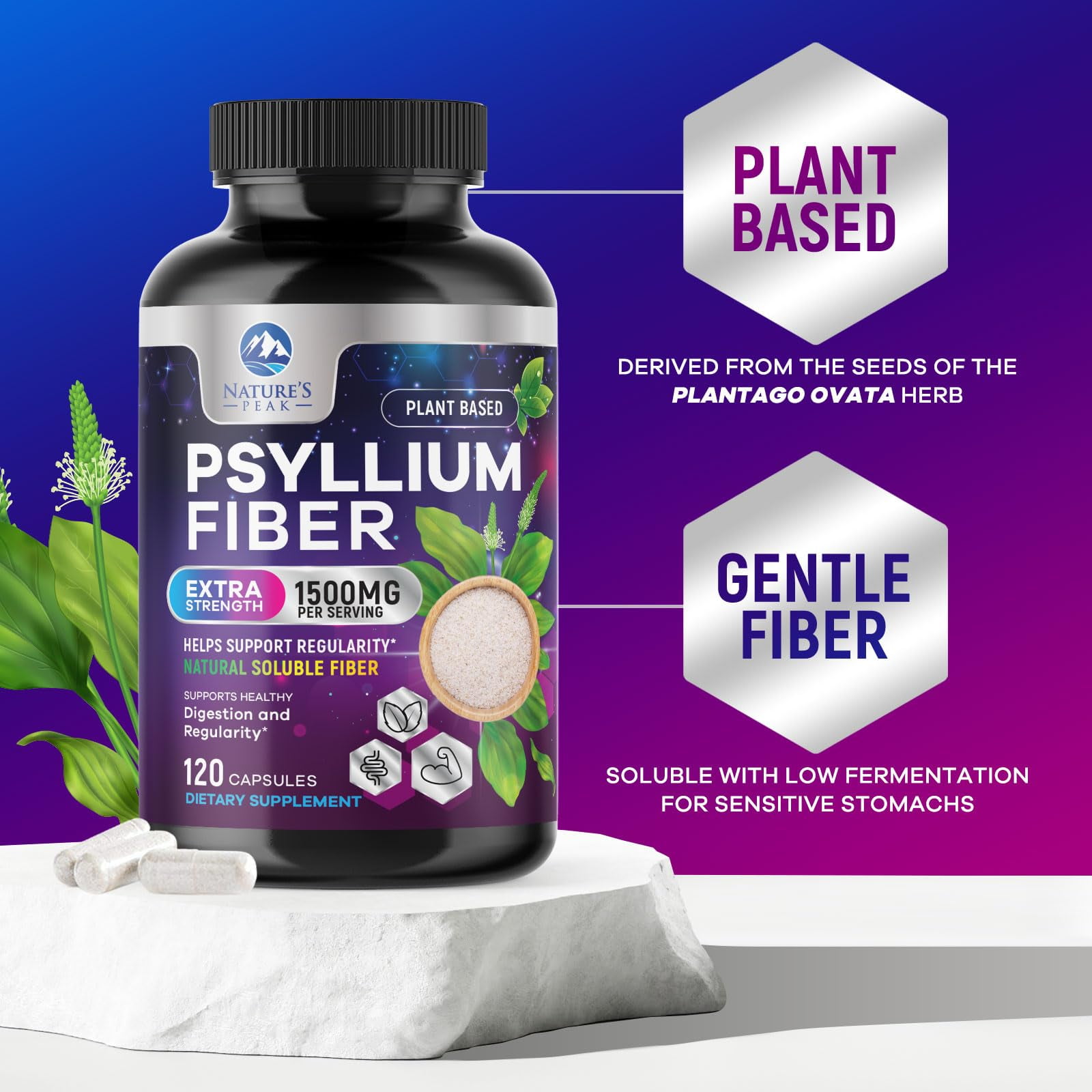 Nature's Peak Psyllium Husk Powder Capsules 1500mg Non-GMO Natural Soluble Fiber Digestive Health Regularity Support Vegan Plant Based Sugar Free 120 Capsules