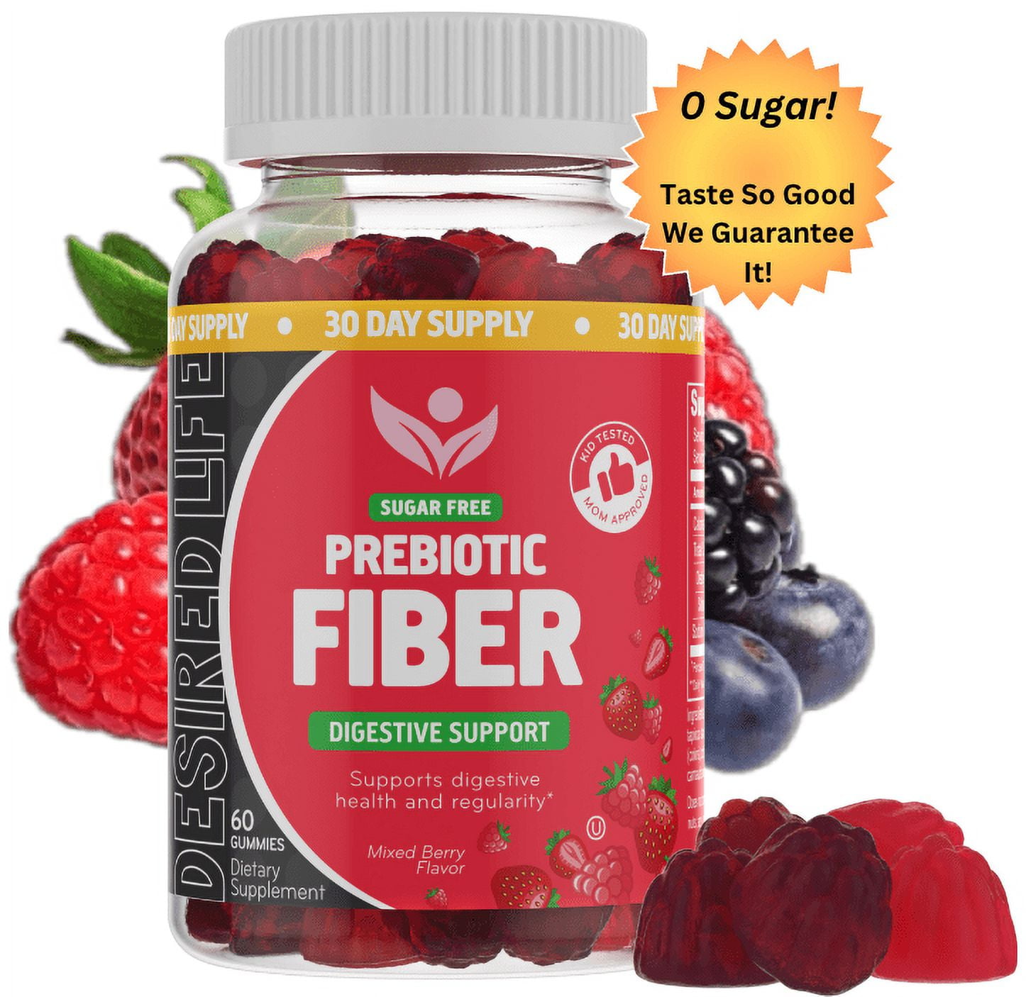 DESIRED LIFE SUGAR FREE PREBIOTIC FIBER GUMMIES MIXED BERRY FLAVOR SUPPLEMENT FOR ADULTS KIDS DIGESTIVE HEALTH REGULARITY 60 COUNT