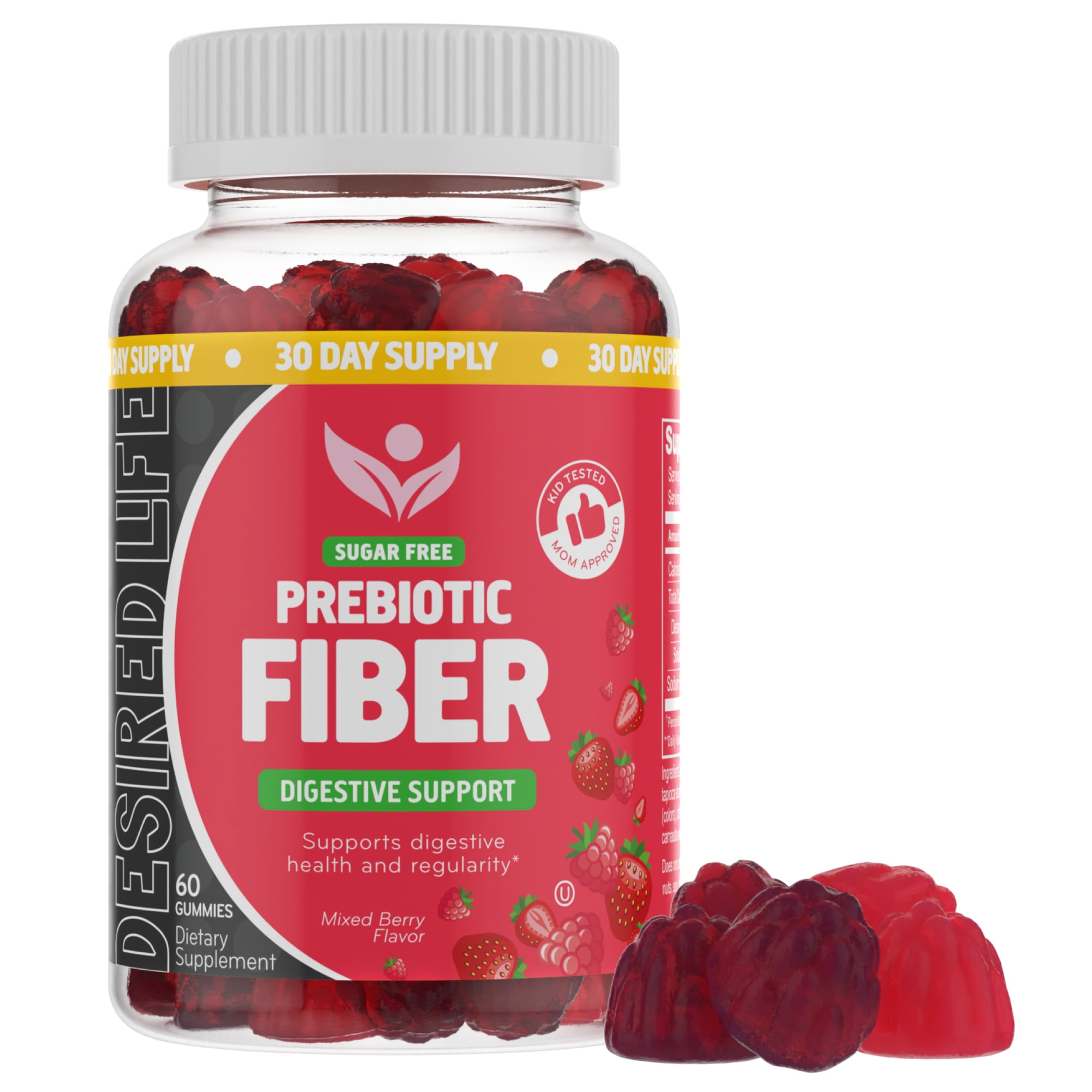 DESIRED LIFE SUGAR FREE PREBIOTIC FIBER GUMMIES MIXED BERRY FLAVOR SUPPLEMENT FOR ADULTS KIDS DIGESTIVE HEALTH REGULARITY 60 COUNT