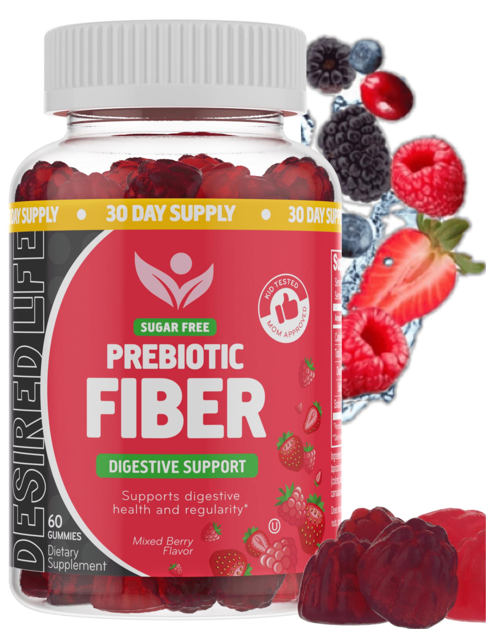 DESIRED LIFE SUGAR FREE PREBIOTIC FIBER GUMMIES MIXED BERRY FLAVOR SUPPLEMENT FOR ADULTS KIDS DIGESTIVE HEALTH REGULARITY 60 COUNT