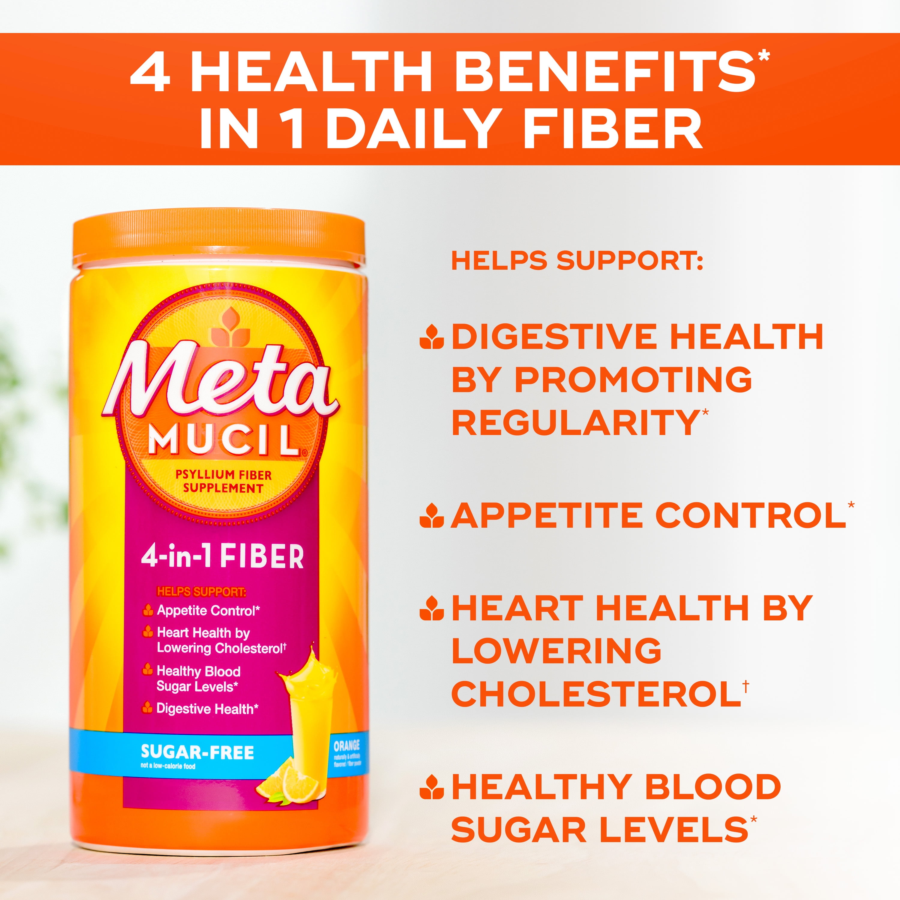 Metamucil Orange Sugar Free Fiber Powder 72 Servings for Digestive Health