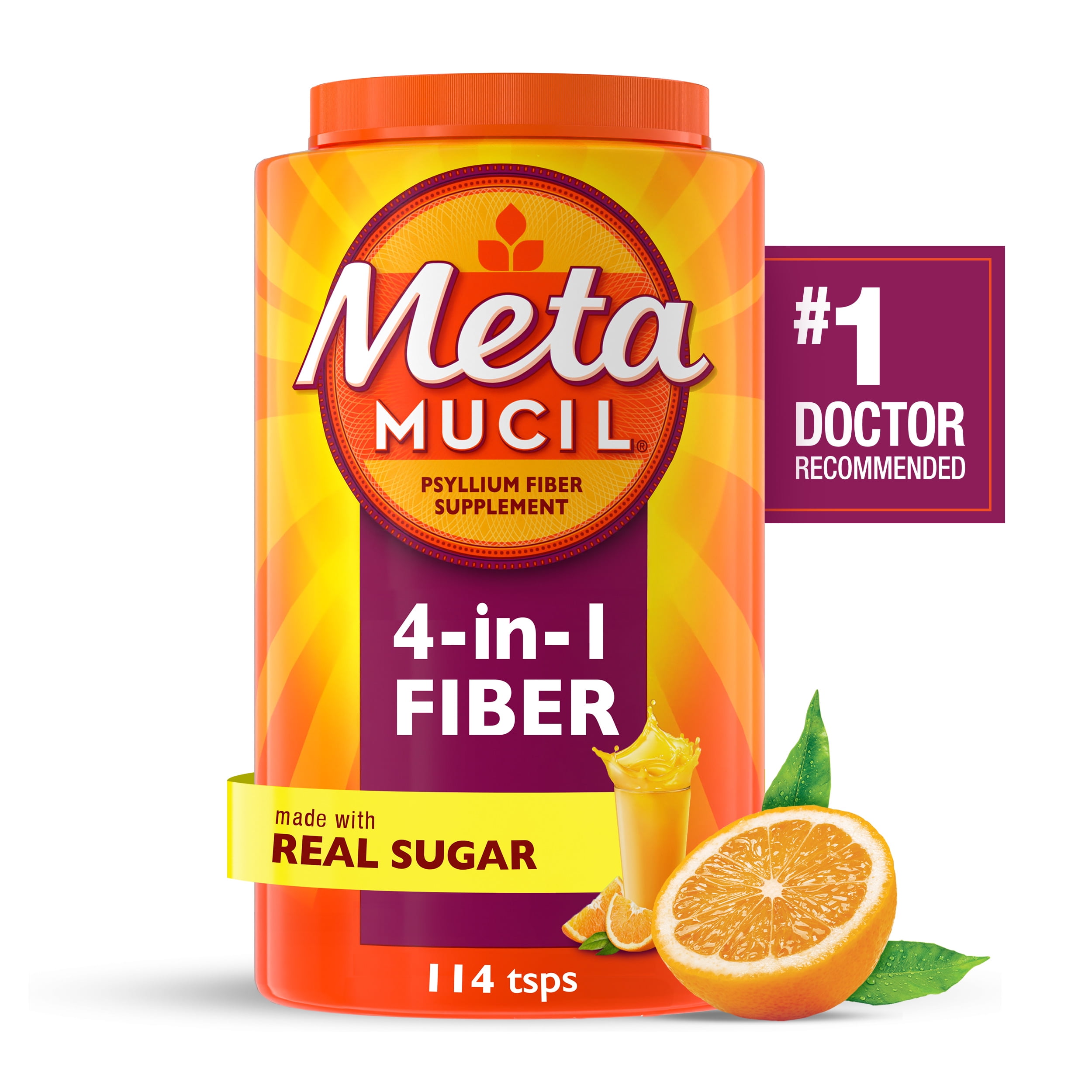 Metamucil Fiber Supplement Sugar Psyllium Powder Orange 114 Servings for Digestive Health.