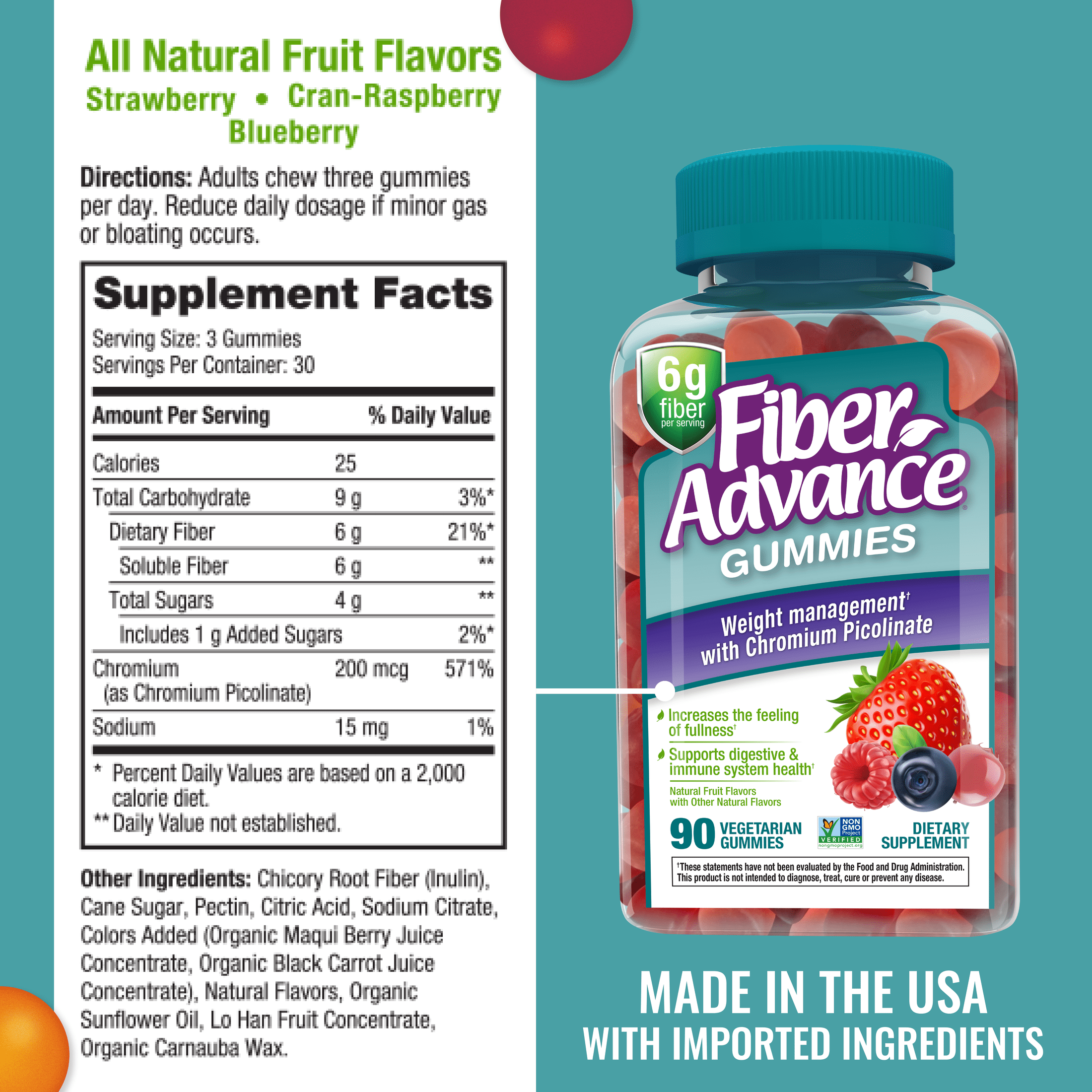 Fiber Advance Weight Management Gummies Chromium Supplement Natural Fruit 90 Count