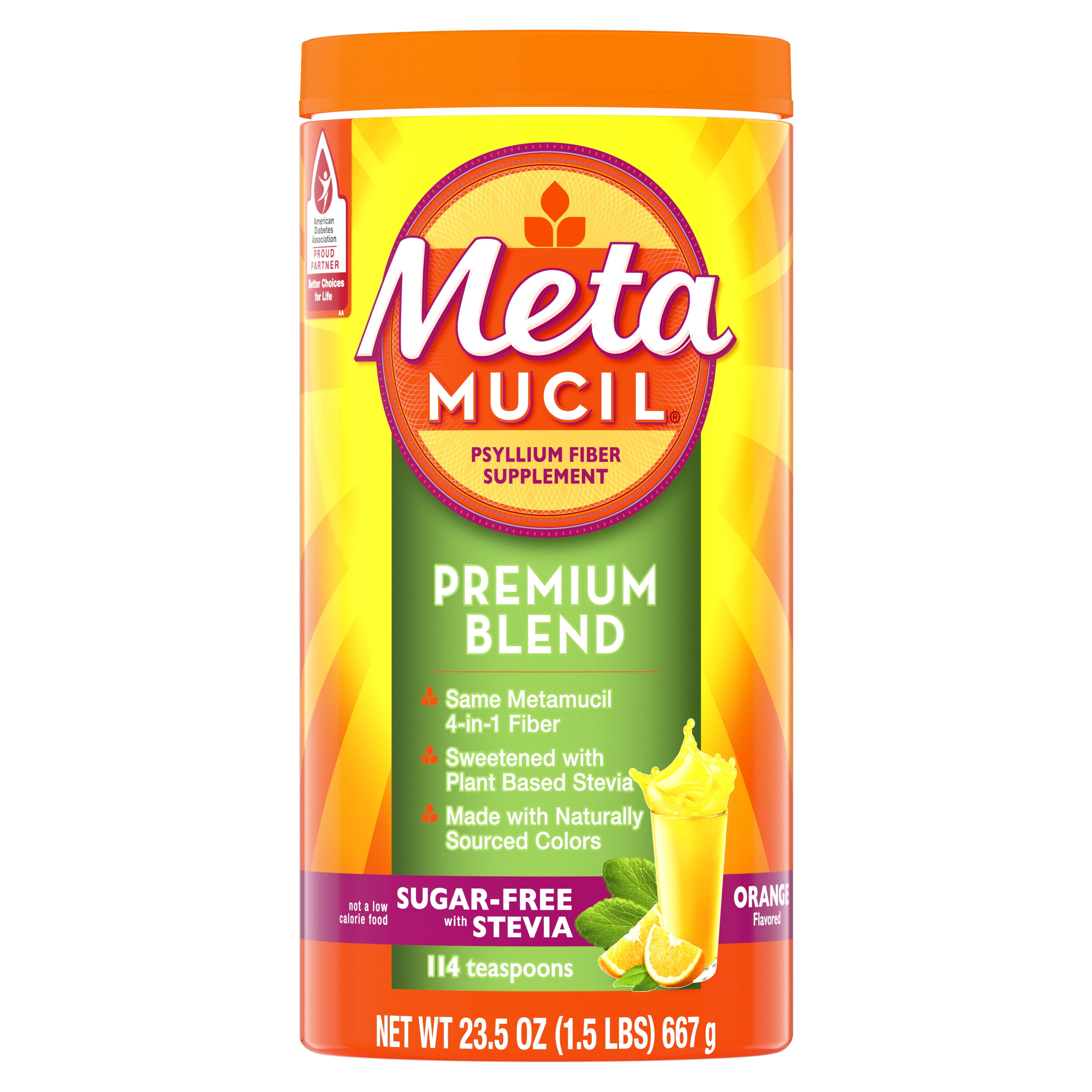 Metamucil Fiber Powder with Stevia for Digestive Health Orange 114 Servings