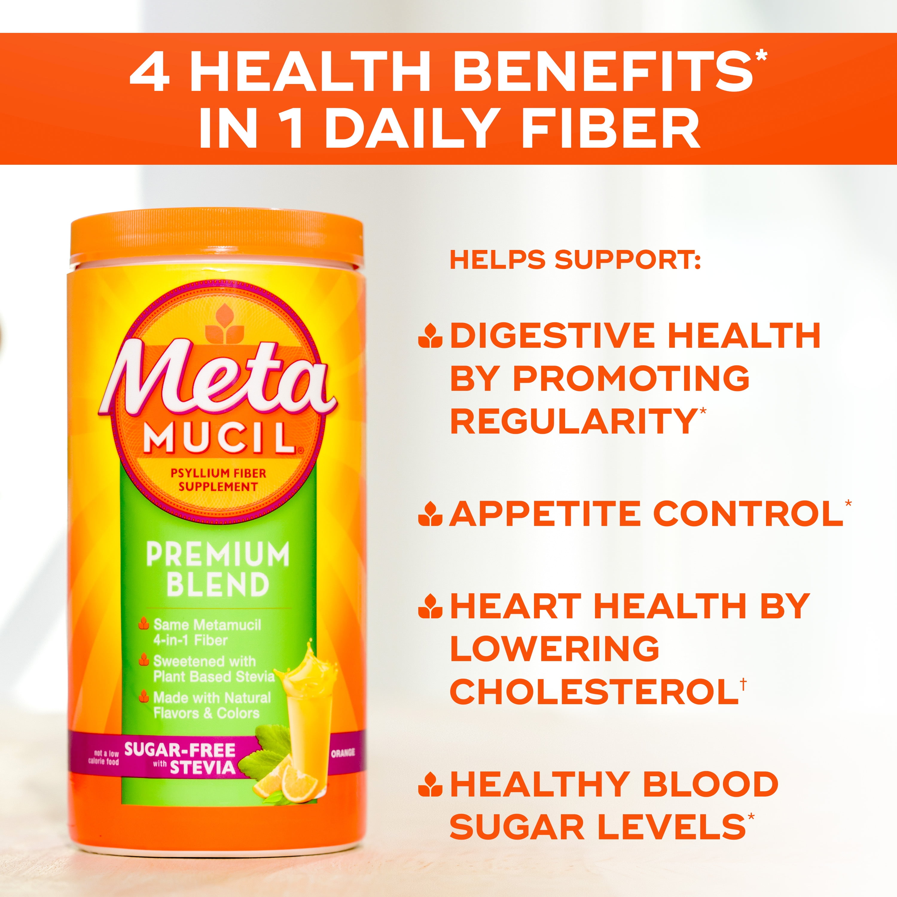 Metamucil Fiber Powder with Stevia for Digestive Health Orange 114 Servings
