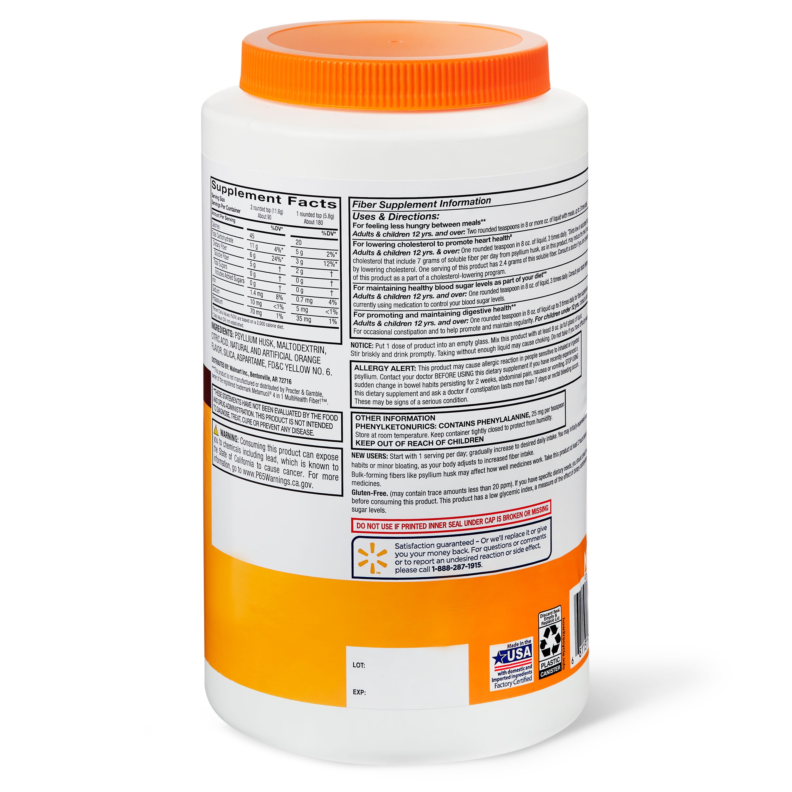 (2 Pack) Equate Sugar Free Daily Fiber Powder Orange Smooth 36.8 oz
