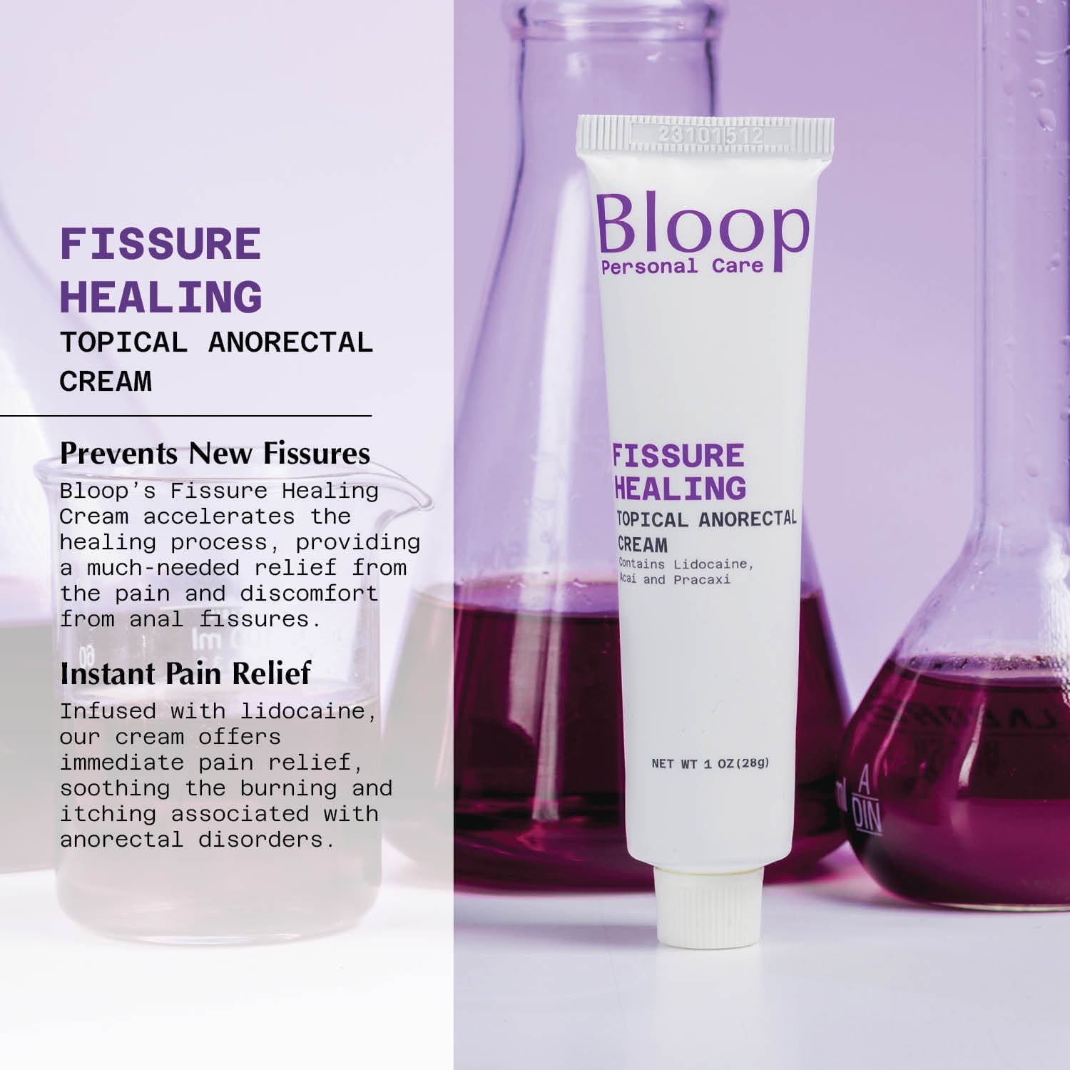 Bloop Anorectal Fissure Cream 5% Lidocaine Acai Pracaxi Oils Max Strength Rapid Pain Relief 1oz