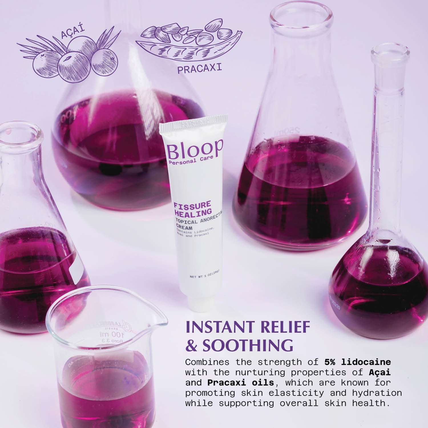 Bloop Anorectal Fissure Cream 5% Lidocaine Acai Pracaxi Oils Max Strength Rapid Pain Relief 1oz