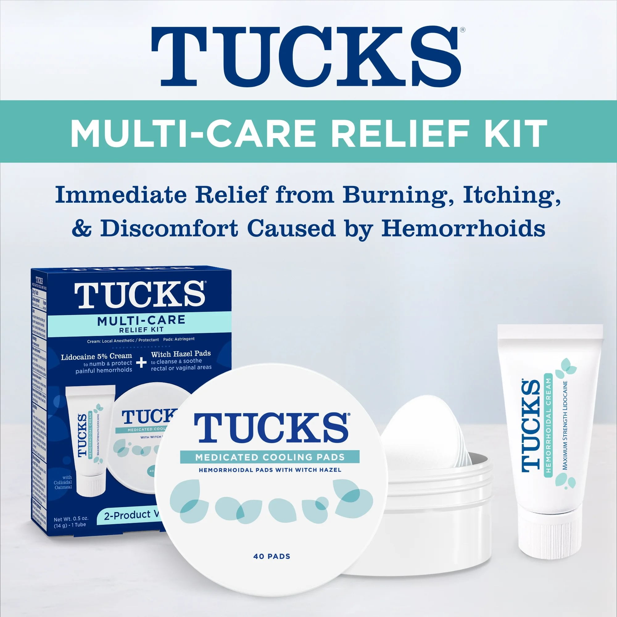 Tucks Hemorrhoid Relief Kit: Lidocaine 5% Cream 0.5 oz + Witch Hazel Pads 40 Count