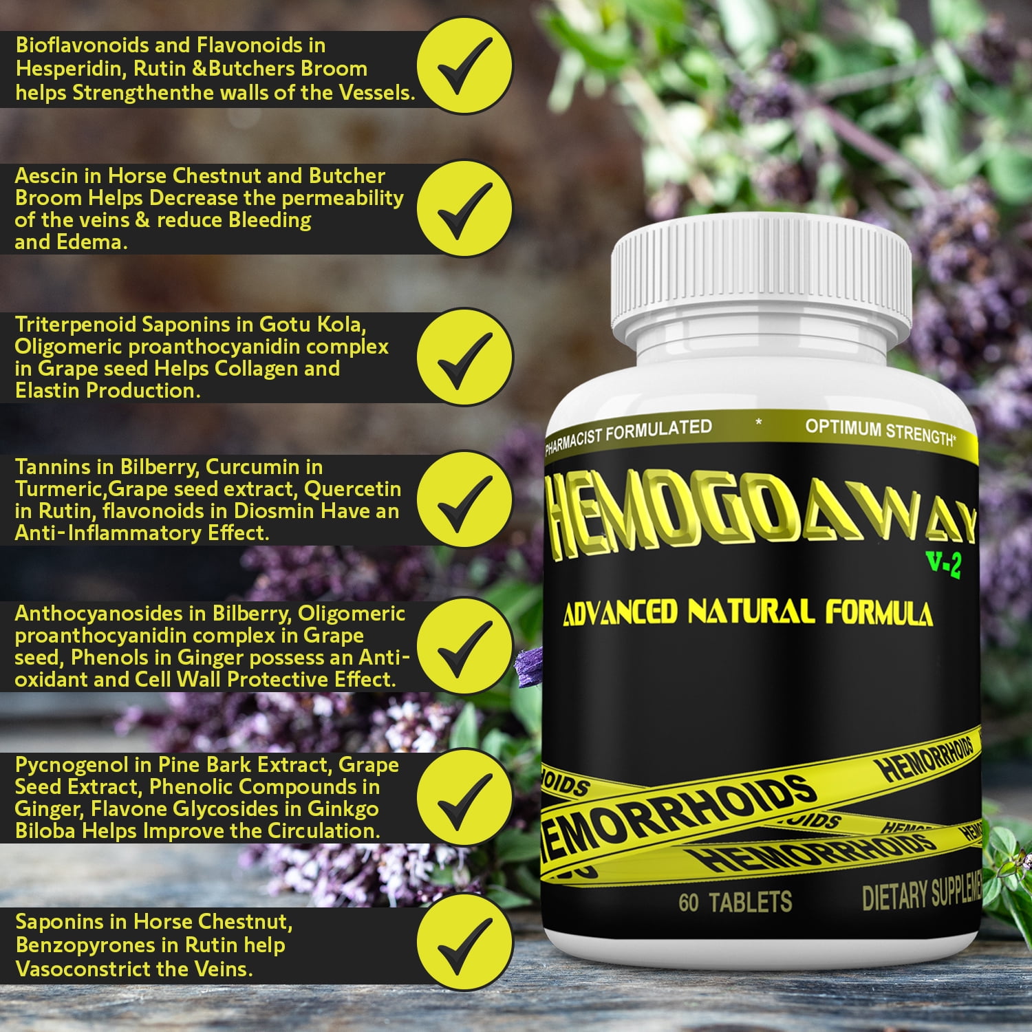 HEMOGOWAY  NATURAL HEMORRHOID SUPPORT RELIEF PILLS 60 TABLETS NOT A CREAM