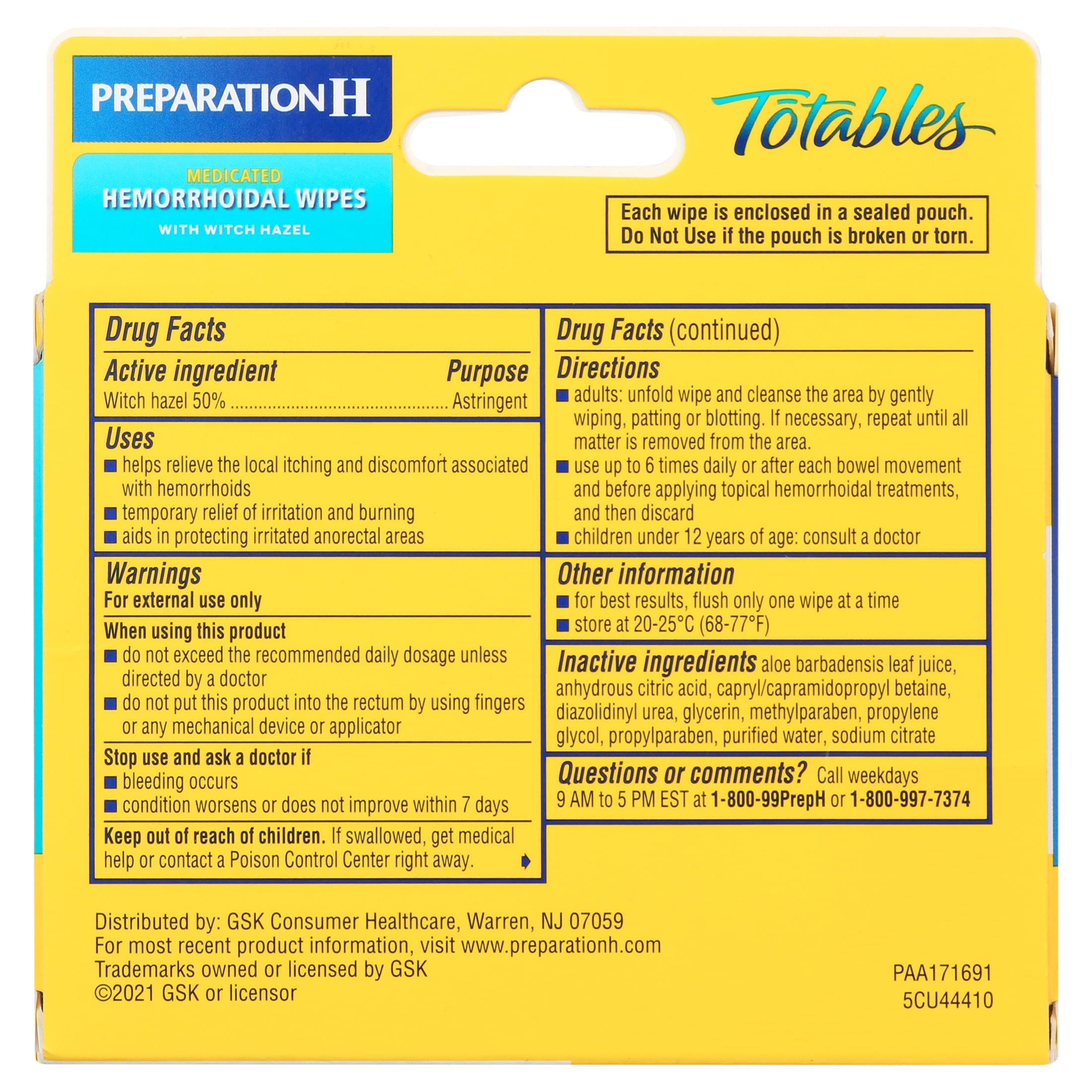 Preparation H Totables Hemorrhoid Wipes Witch Hazel 10 Count