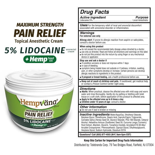 HEMPVANA LIDOCAINE 5% ANORECTAL RELIEF CREAM WITH HEMP SEED OIL 4OZ JAR
