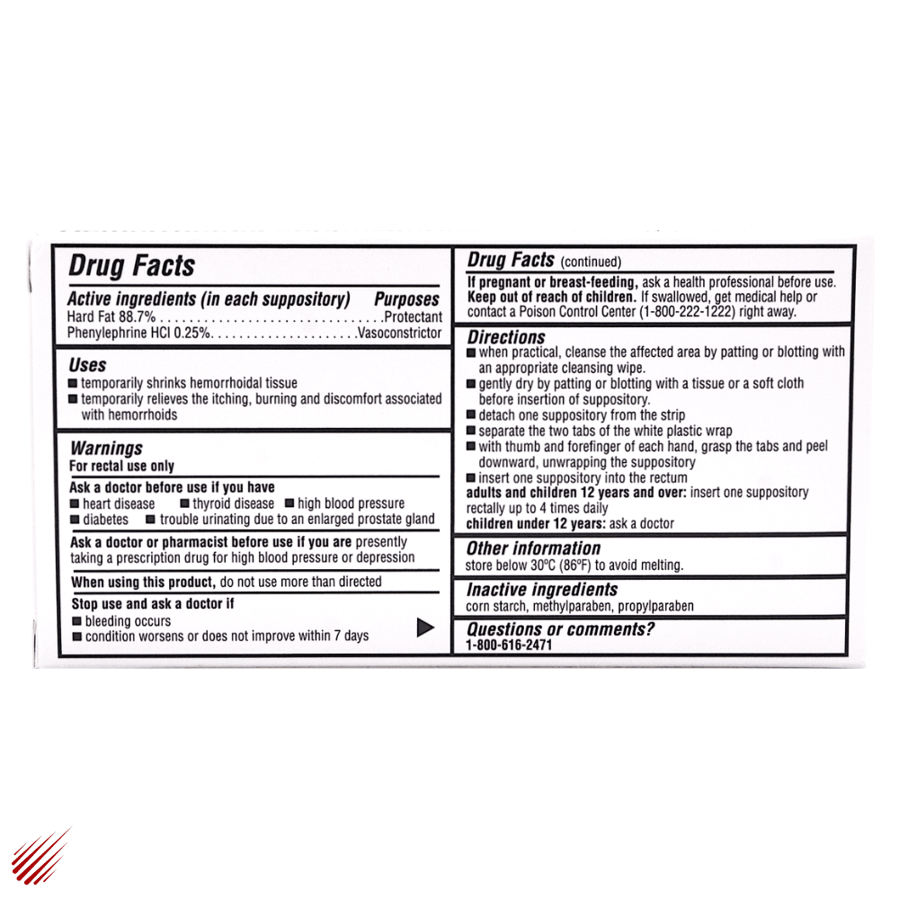 Major Fast Acting Hemorrhoidal Suppositories with 88.7% Hard Fat & Phenylephrine HCl 0.25% - Pack of 12
