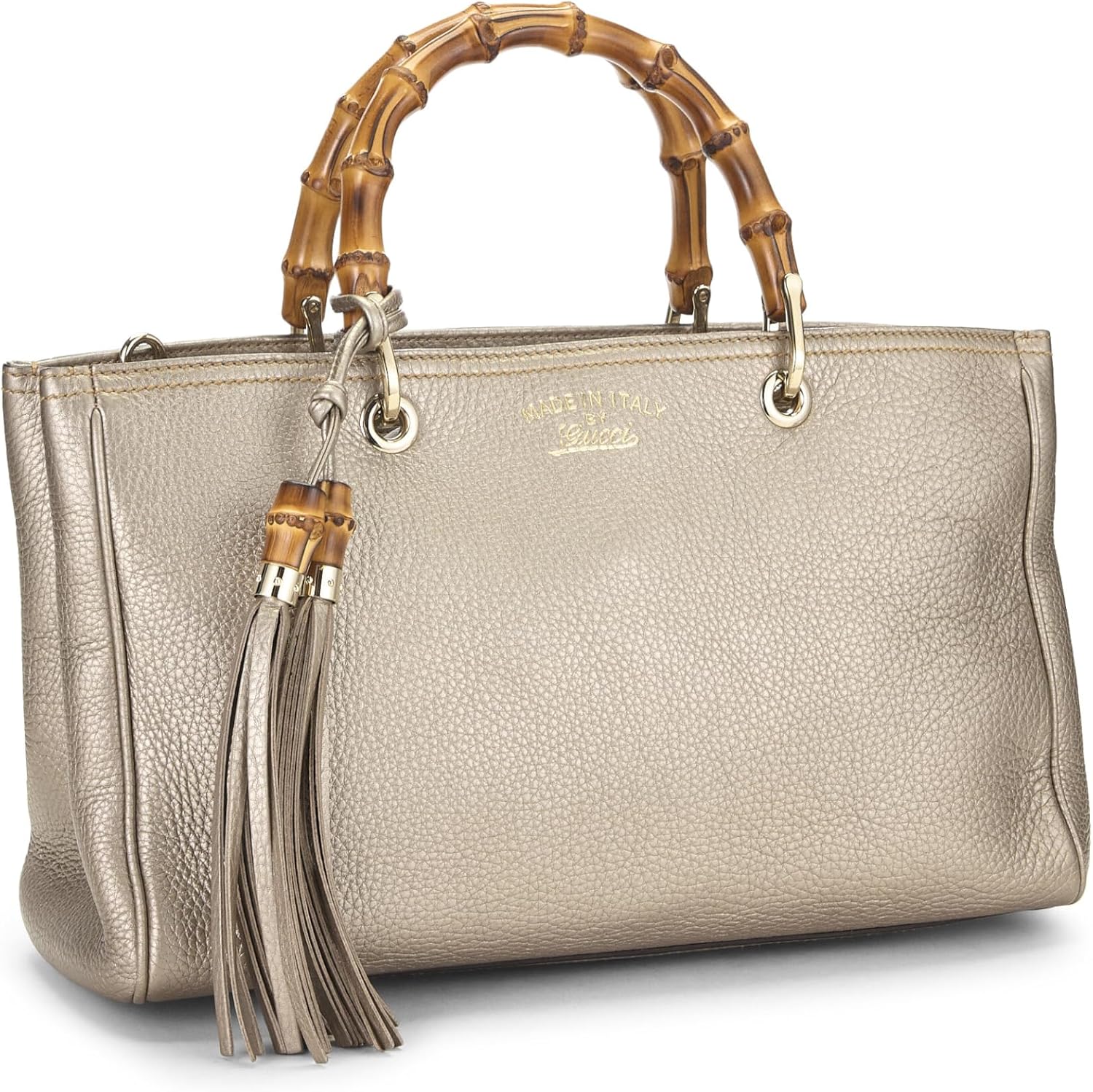 Gucci Pre-Loved Gold Grained Leather Bamboo Shopper Tote, Gold