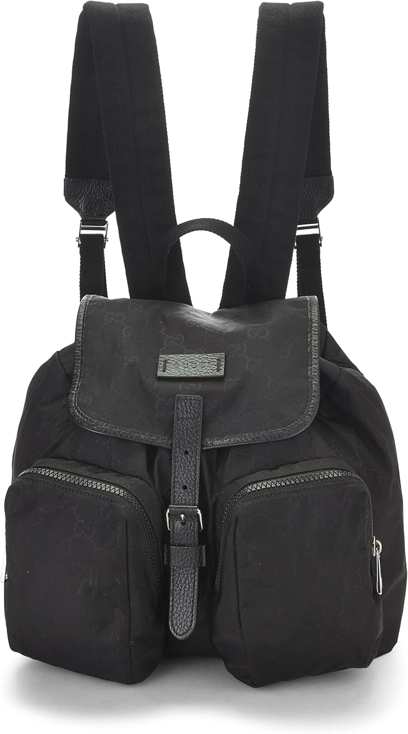 Gucci Pre-Loved Black Nylon Double Pocket Backpack, Black