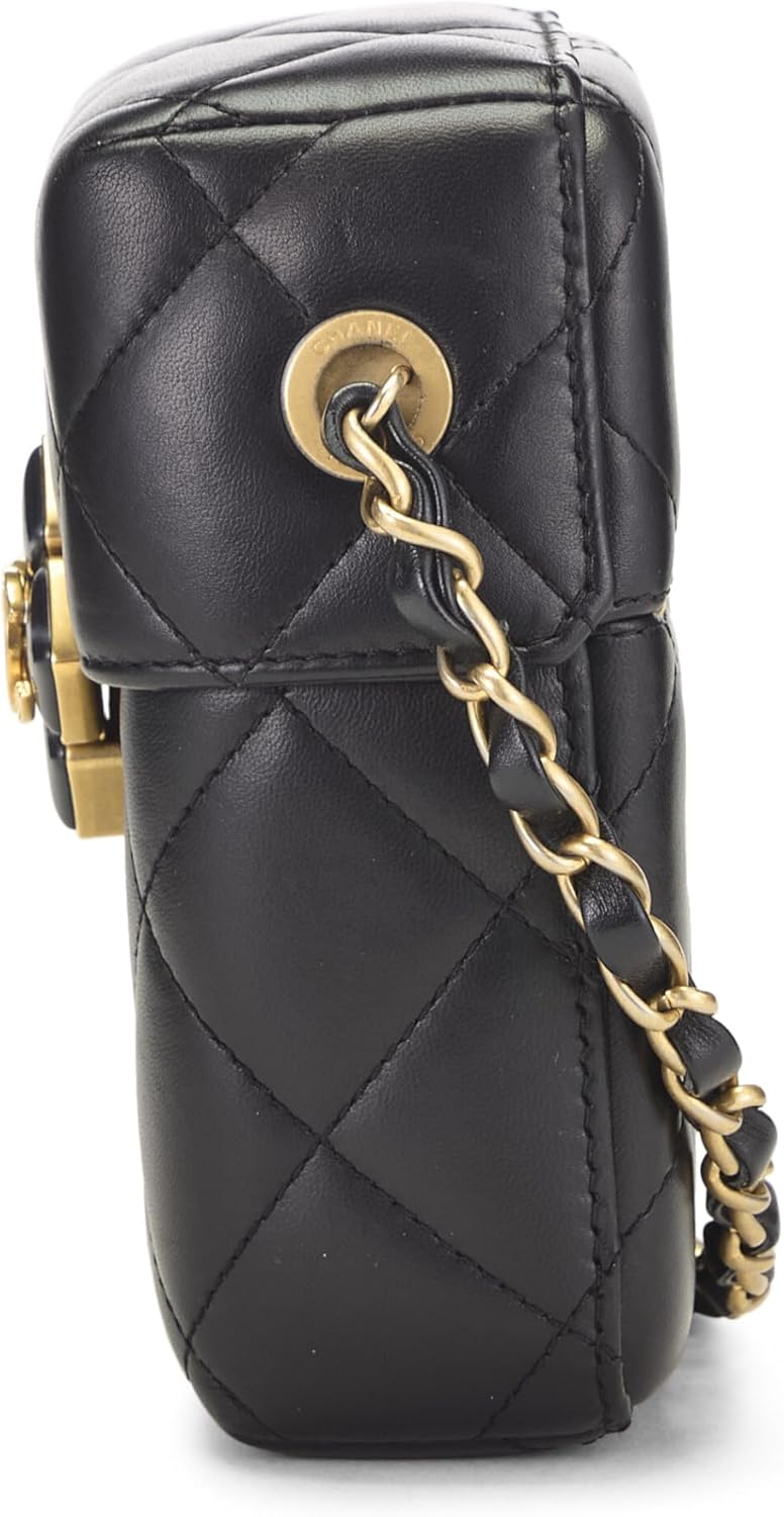 CHANEL Pre-Loved Black Lambskin Diamond Lock Phone Holder, Black