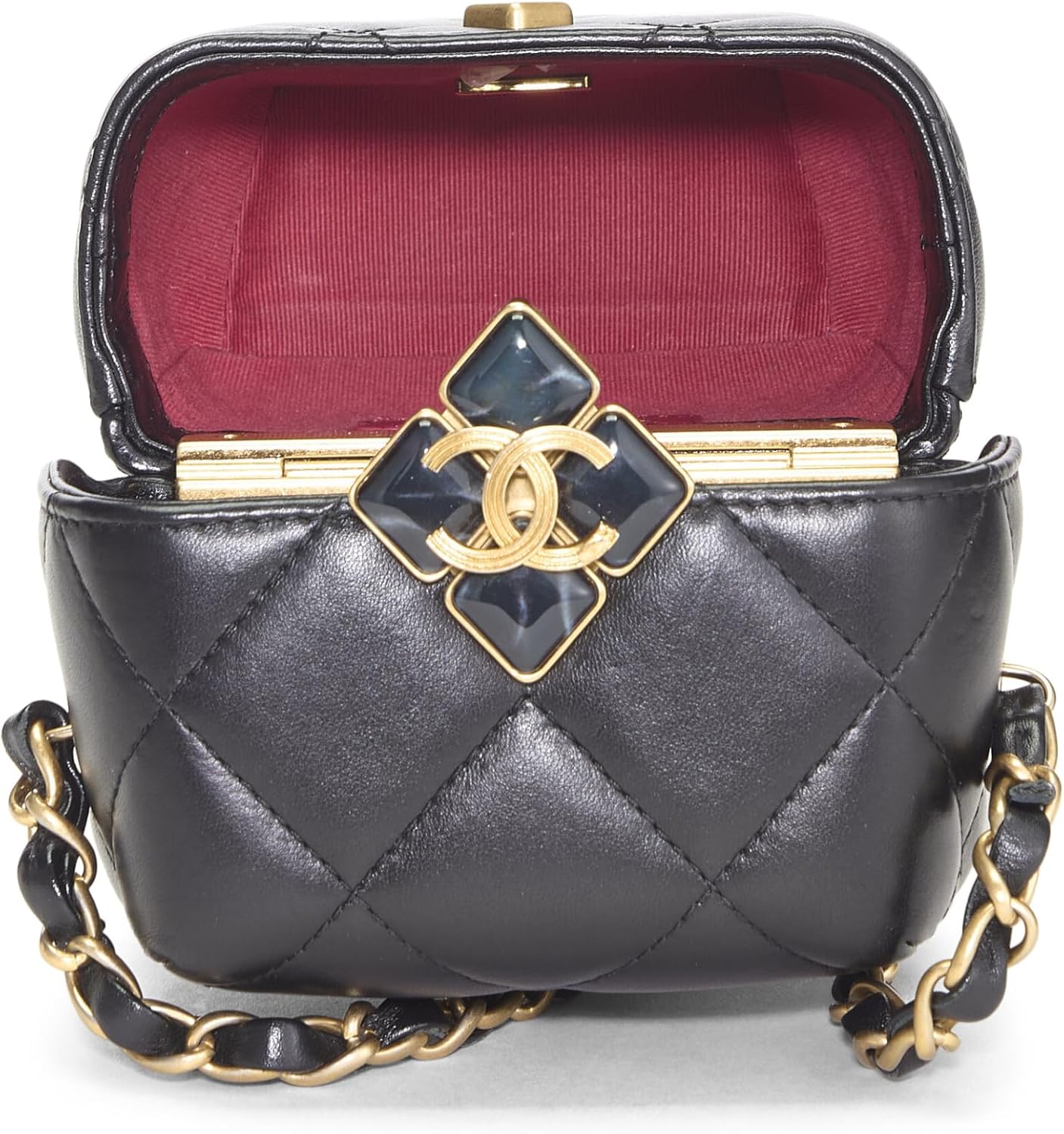 CHANEL Pre-Loved Black Lambskin Diamond Lock Phone Holder, Black