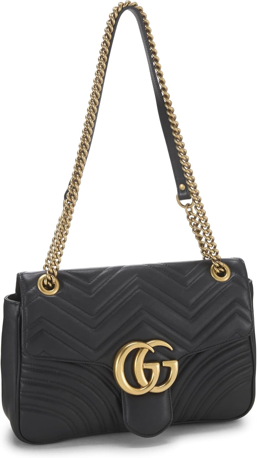 Gucci Pre-Loved Black Leather GG Marmont Shoulder Bag, Black