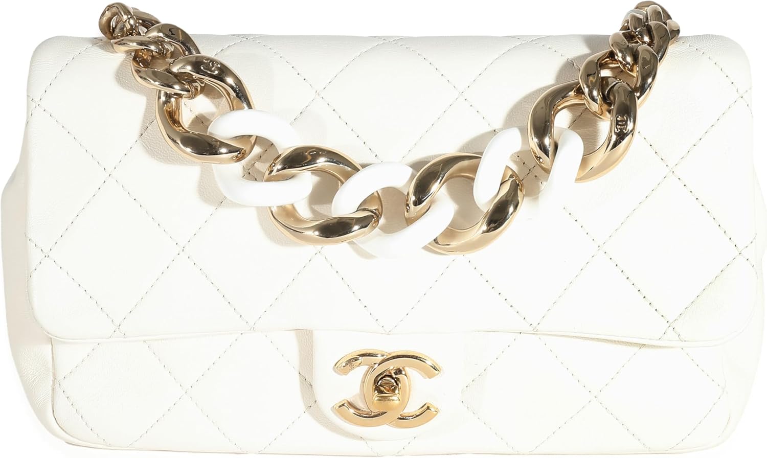 CHANEL Pre-Loved White Quilted Lambskin Elegant Chain Flap Bag
