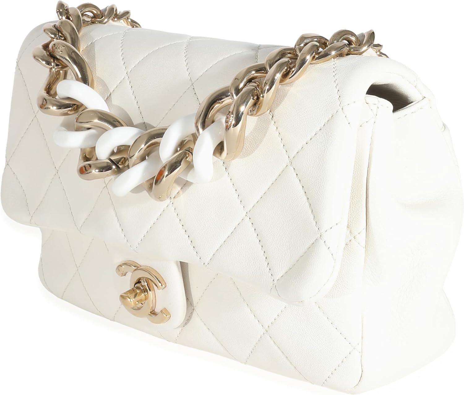 CHANEL Pre-Loved White Quilted Lambskin Elegant Chain Flap Bag