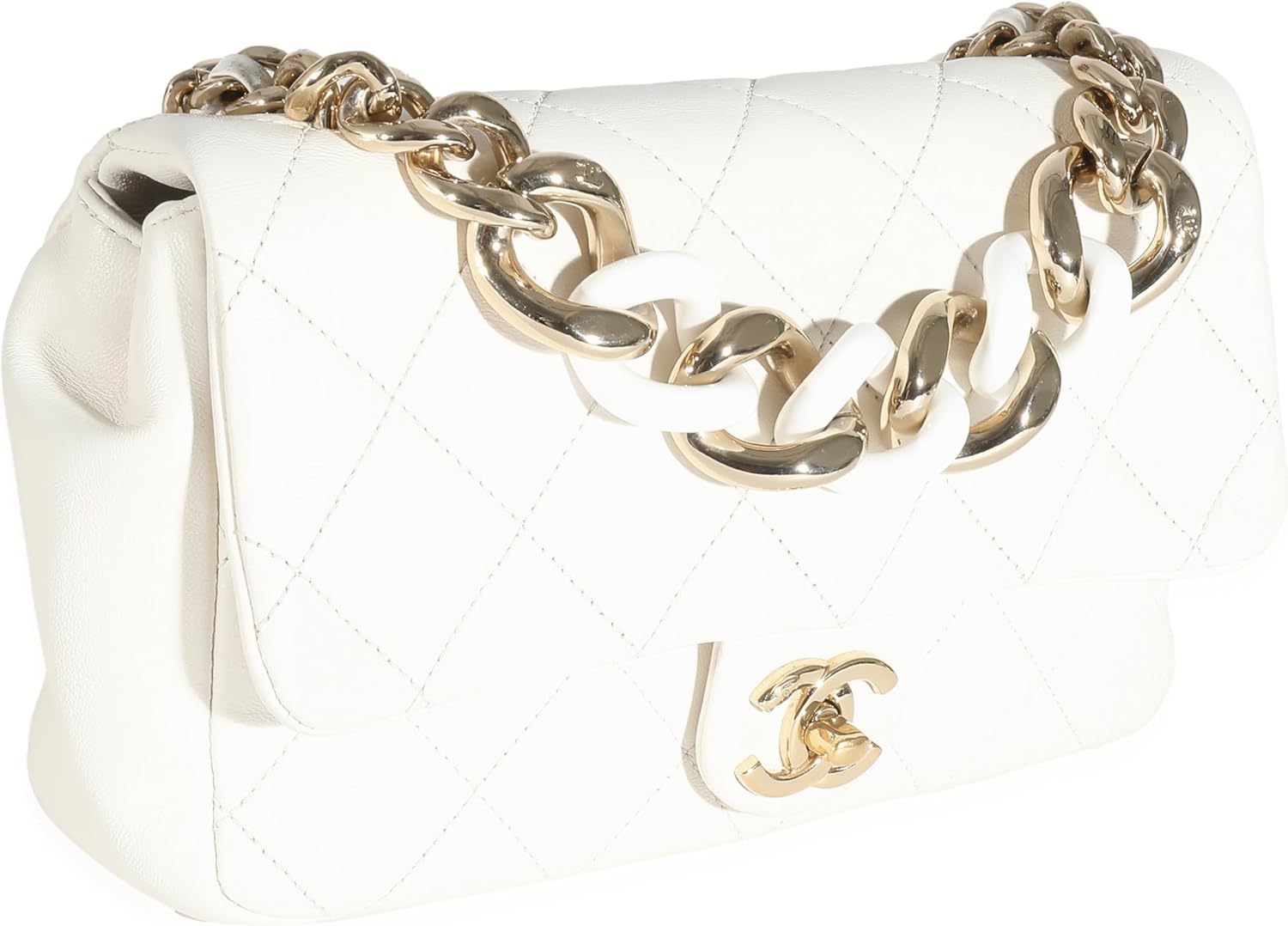 CHANEL Pre-Loved White Quilted Lambskin Elegant Chain Flap Bag