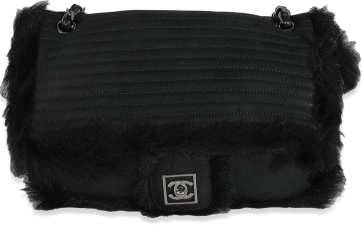 CHANEL Pre-Loved Black Horizontal Stitch Shearling CC Flap Bag