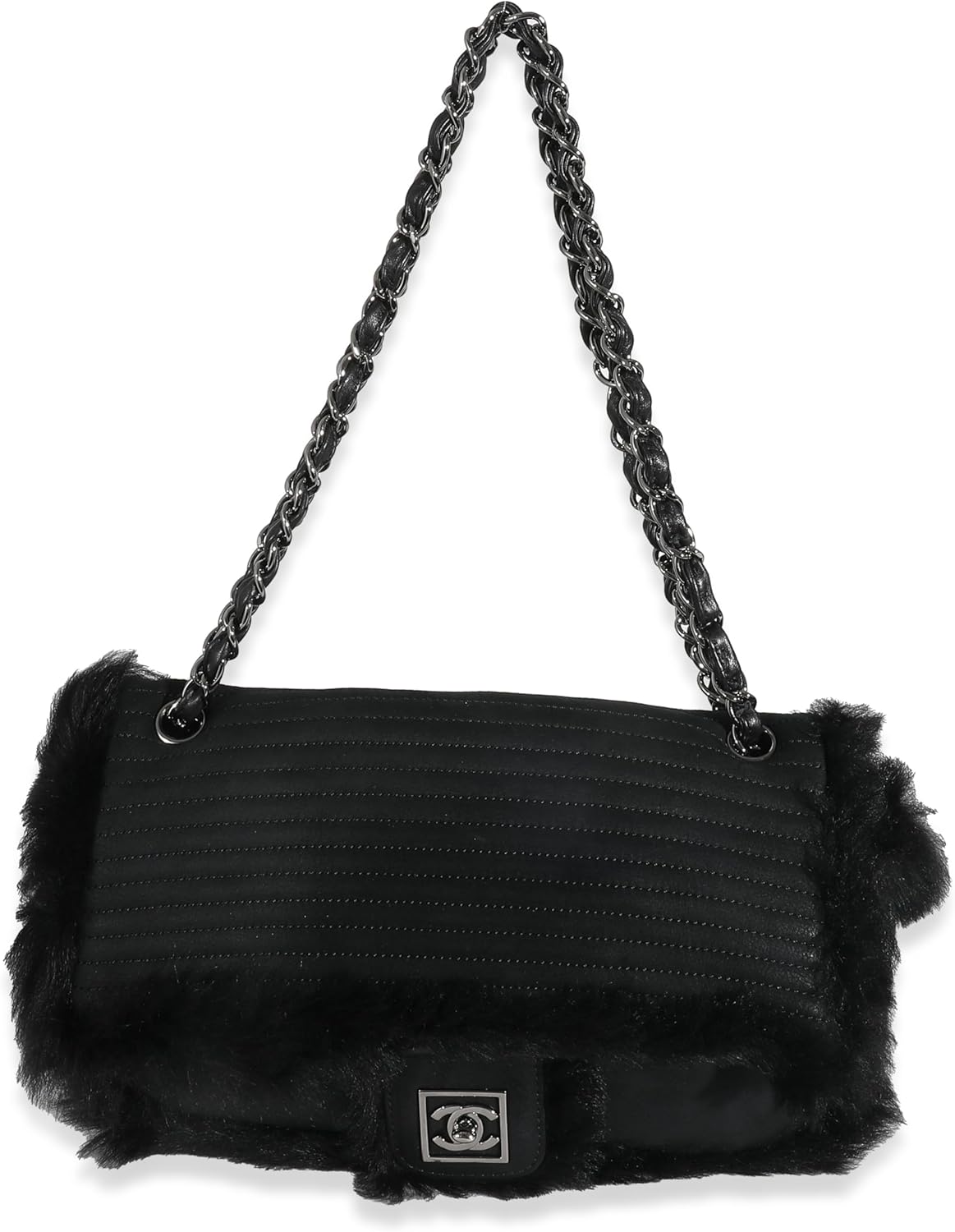 CHANEL Pre-Loved Black Horizontal Stitch Shearling CC Flap Bag