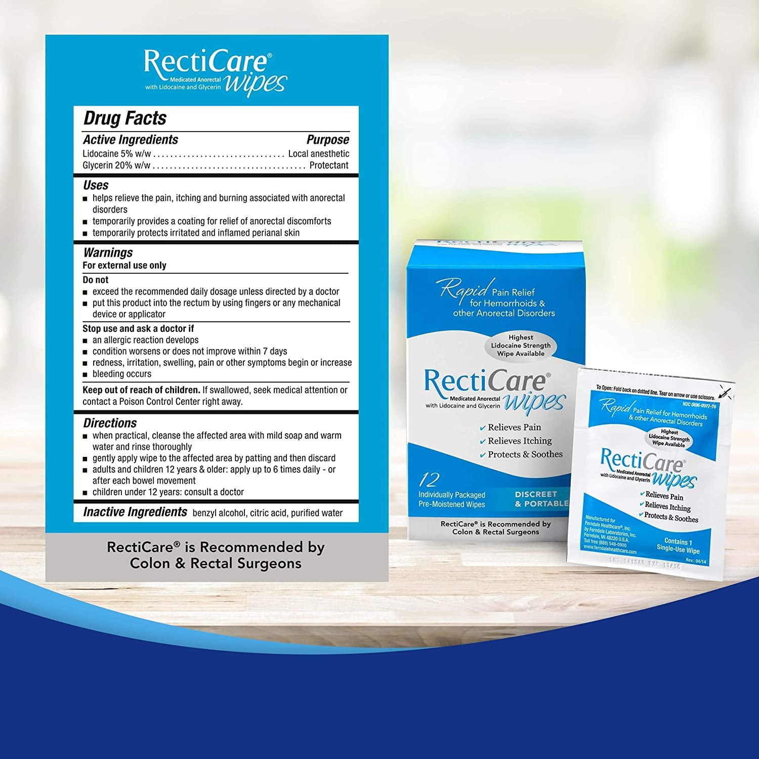 RectiCare Anorectal Wipes with 5% Lidocaine & Glycerin - 12 Pack for Immediate Relief