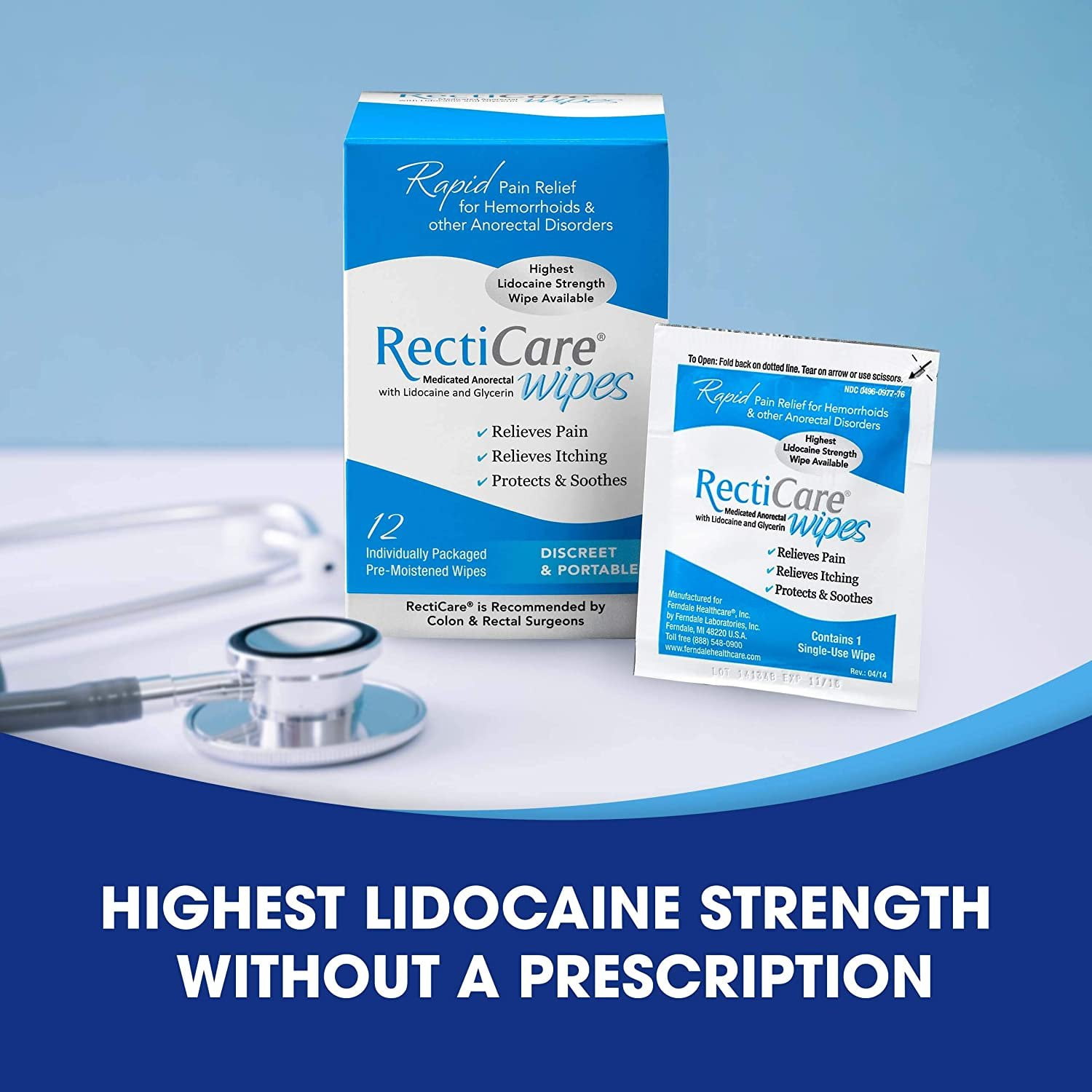 RectiCare Anorectal Wipes with 5% Lidocaine & Glycerin - 12 Pack for Immediate Relief