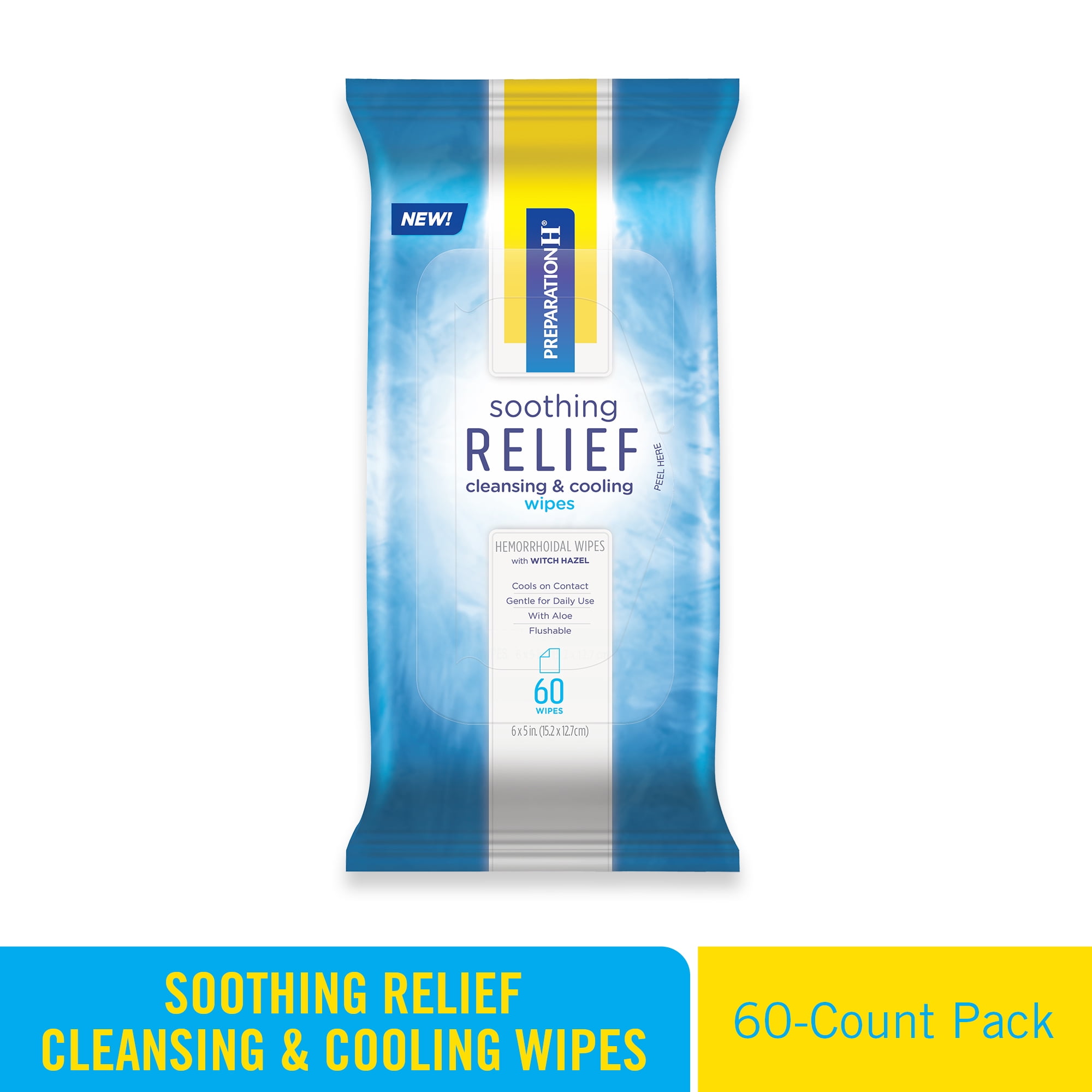 Preparation H Soothing Relief Wipes 60-Count Pack Flushable with Witch Hazel Aloe Butt Itch Cooling Cleansing