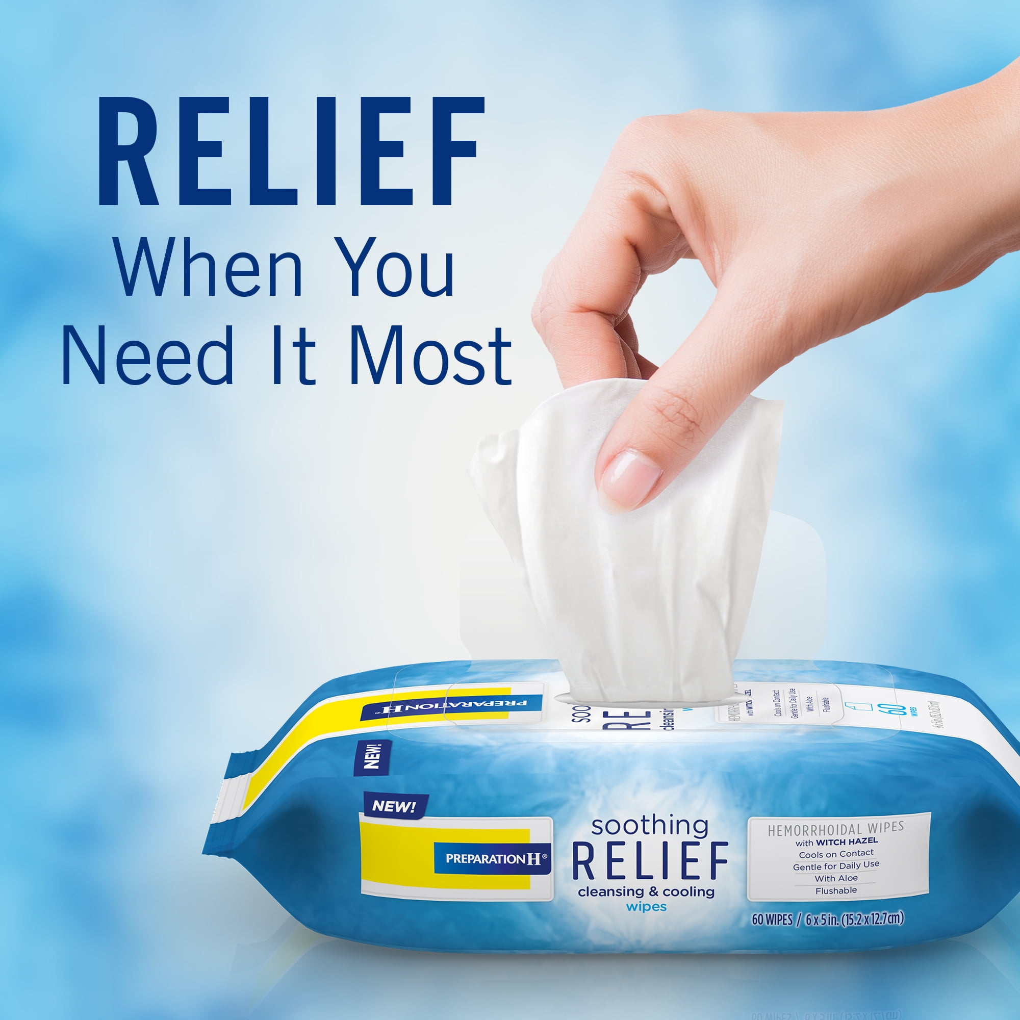 Preparation H Soothing Relief Wipes 60-Count Pack Flushable with Witch Hazel Aloe Butt Itch Cooling Cleansing